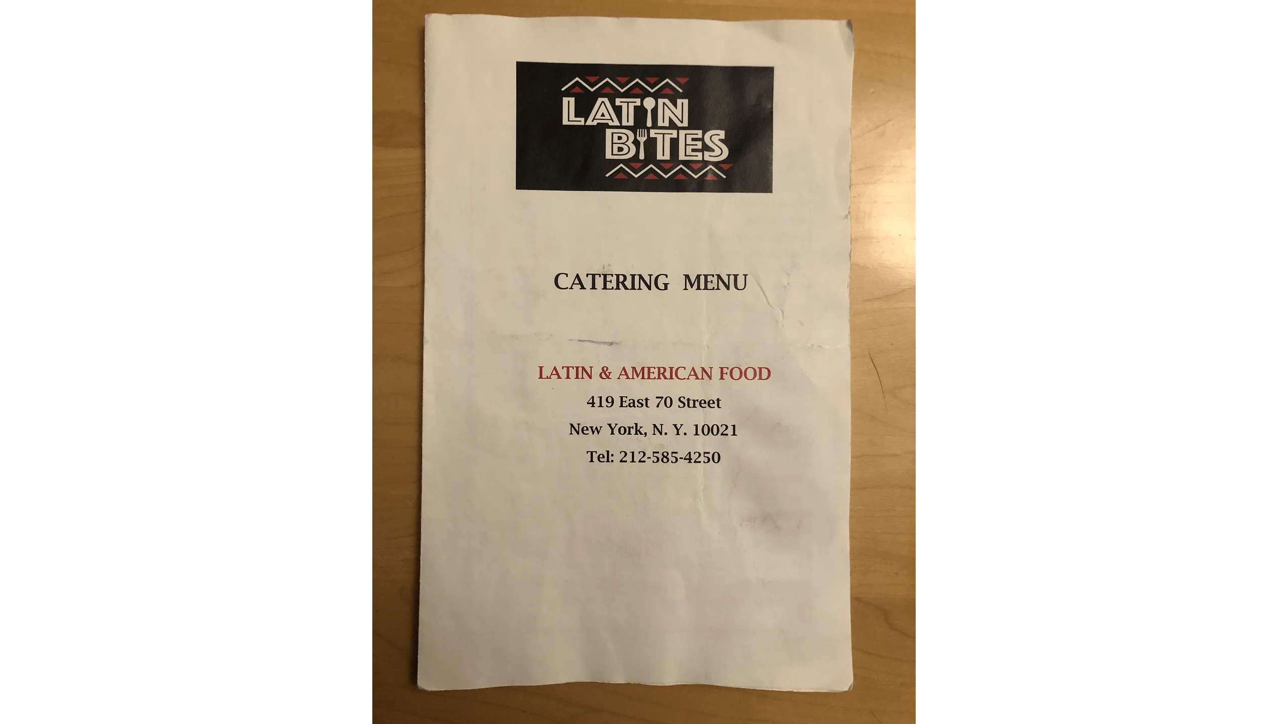 Screenshot of Latin Bites closed catering menu brochure cover.