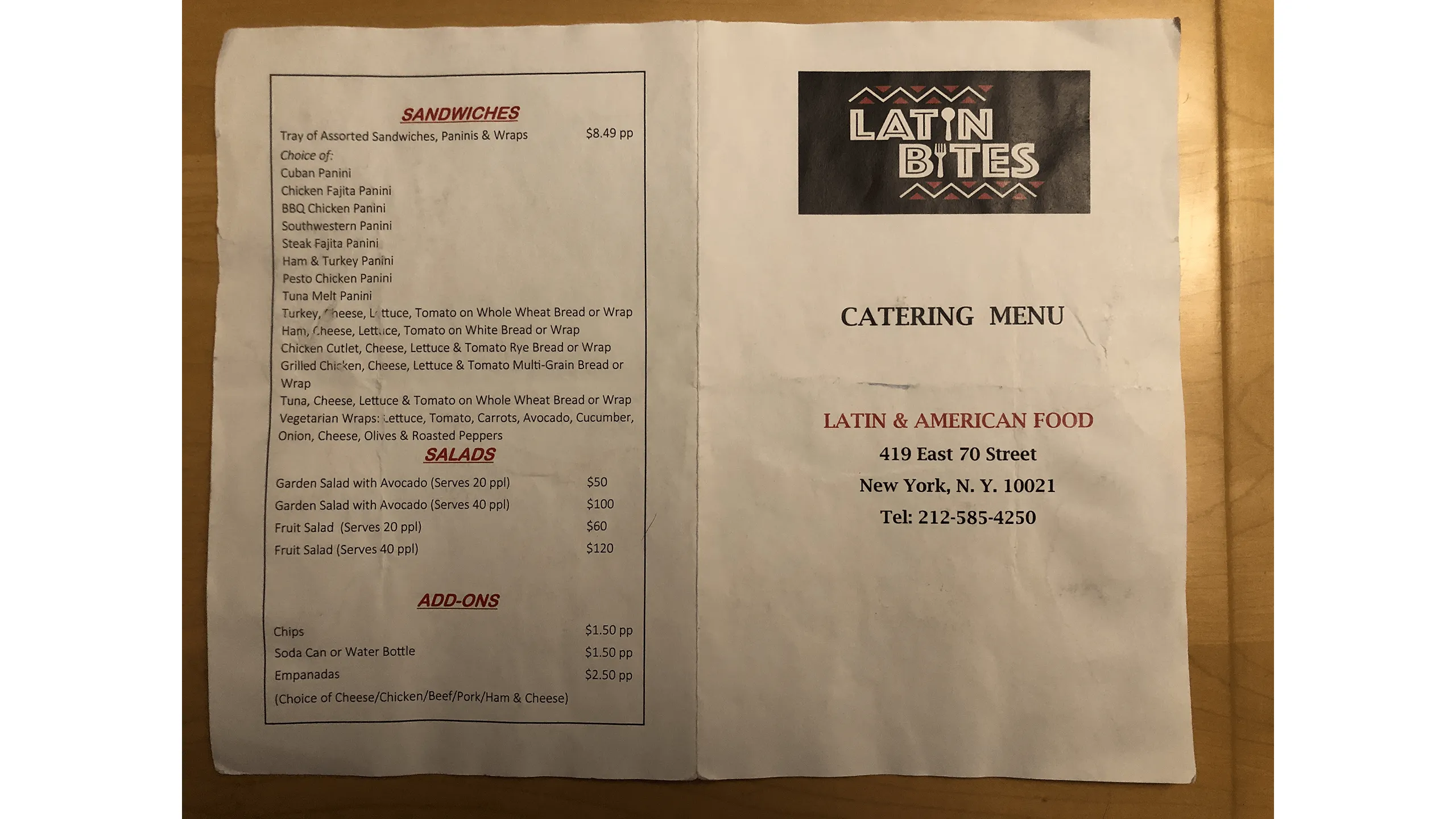 Screenshot of Latin Bites opened catering brochure showing front layout.