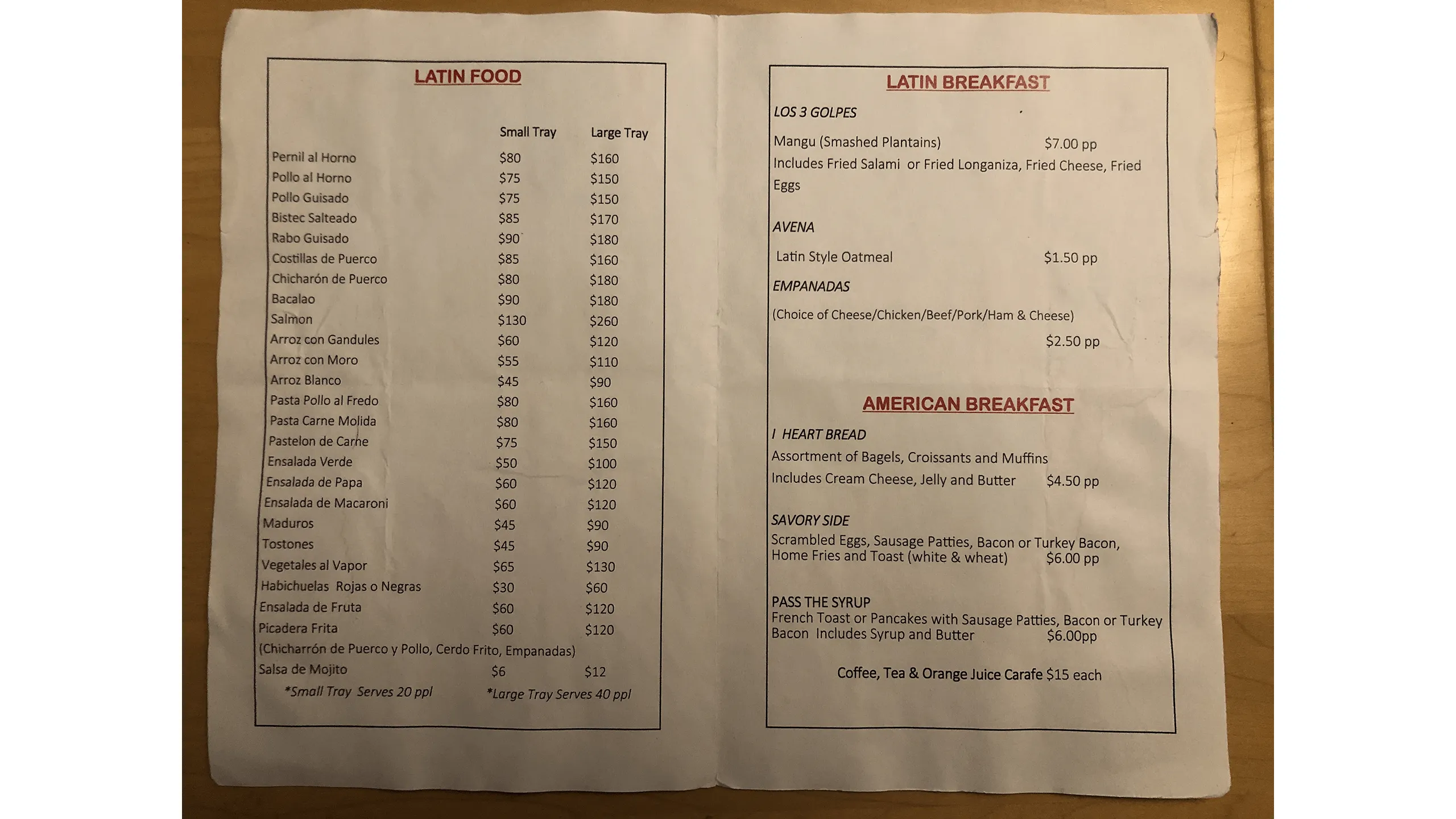Screenshot of Latin Bites opened catering menu brochure showing rear layout.