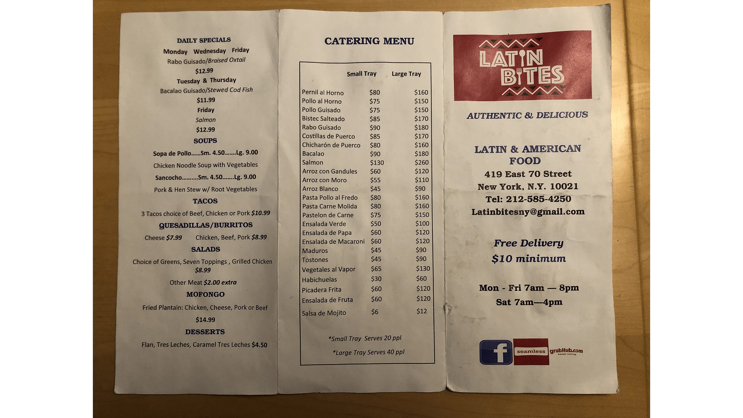 Screenshot of Latin Bites opened food menu brochure showing front layout.