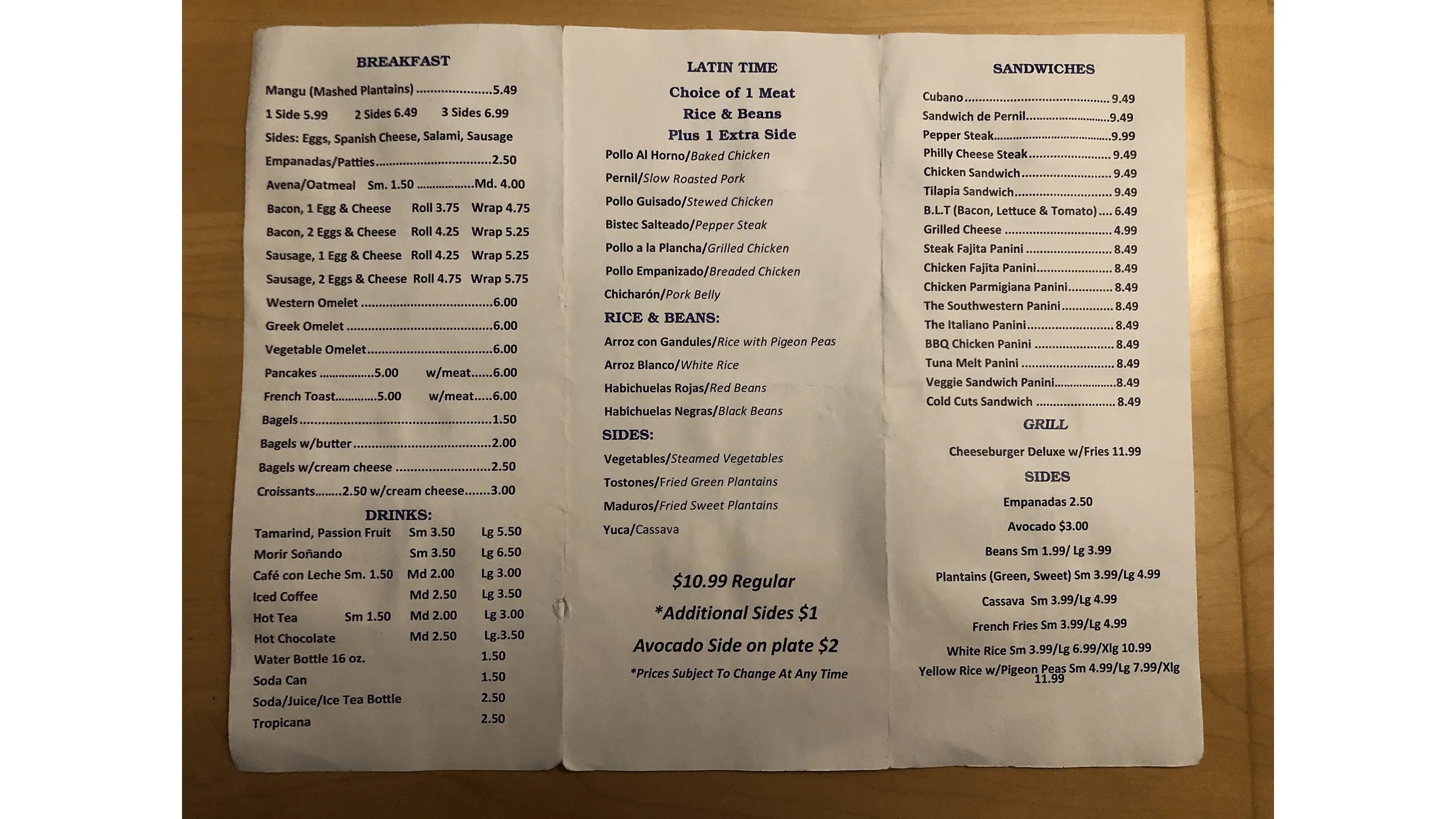 Screenshot of Latin Bites opened food menu brochure showing rear layout.