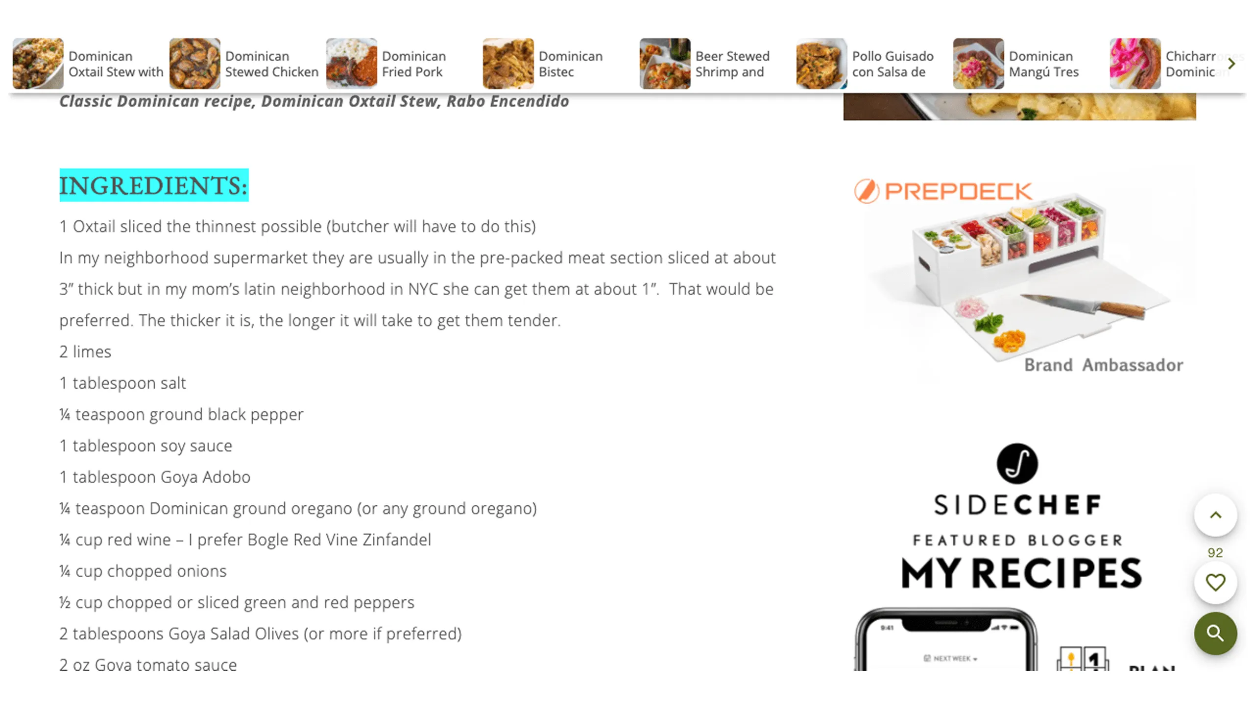Screenshot of oxtail meal ingredients list from the internet.