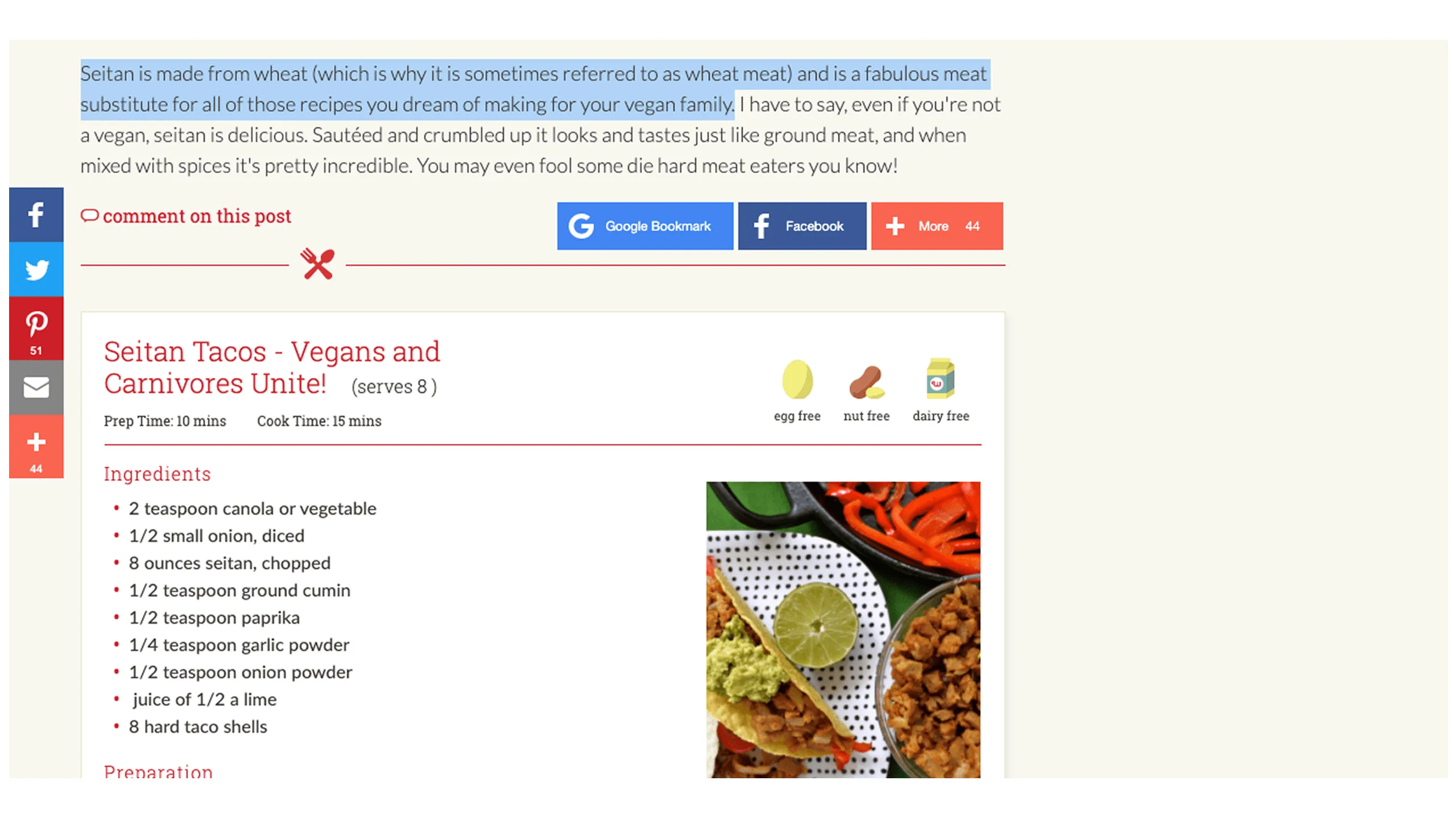 Screenshot of ingredients for Seitan Tacos (vegan and carnivore options) from the internet.