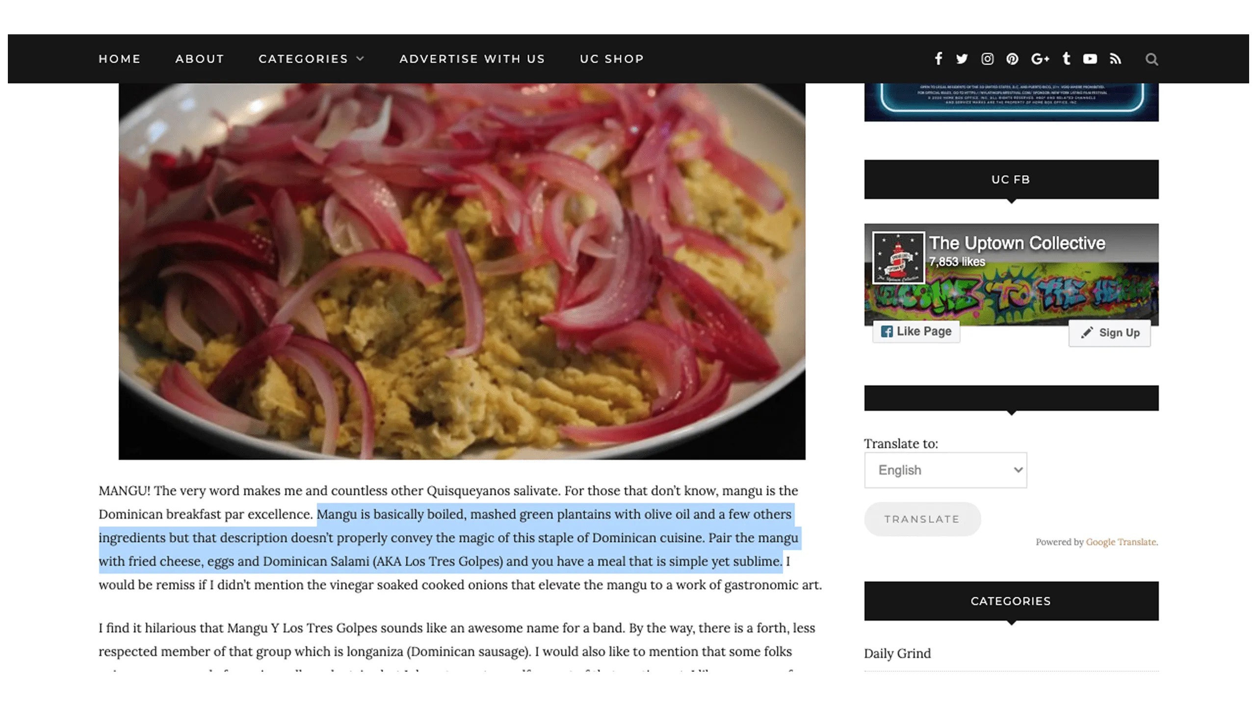 Screenshot of mashed plantains meal description from the web.