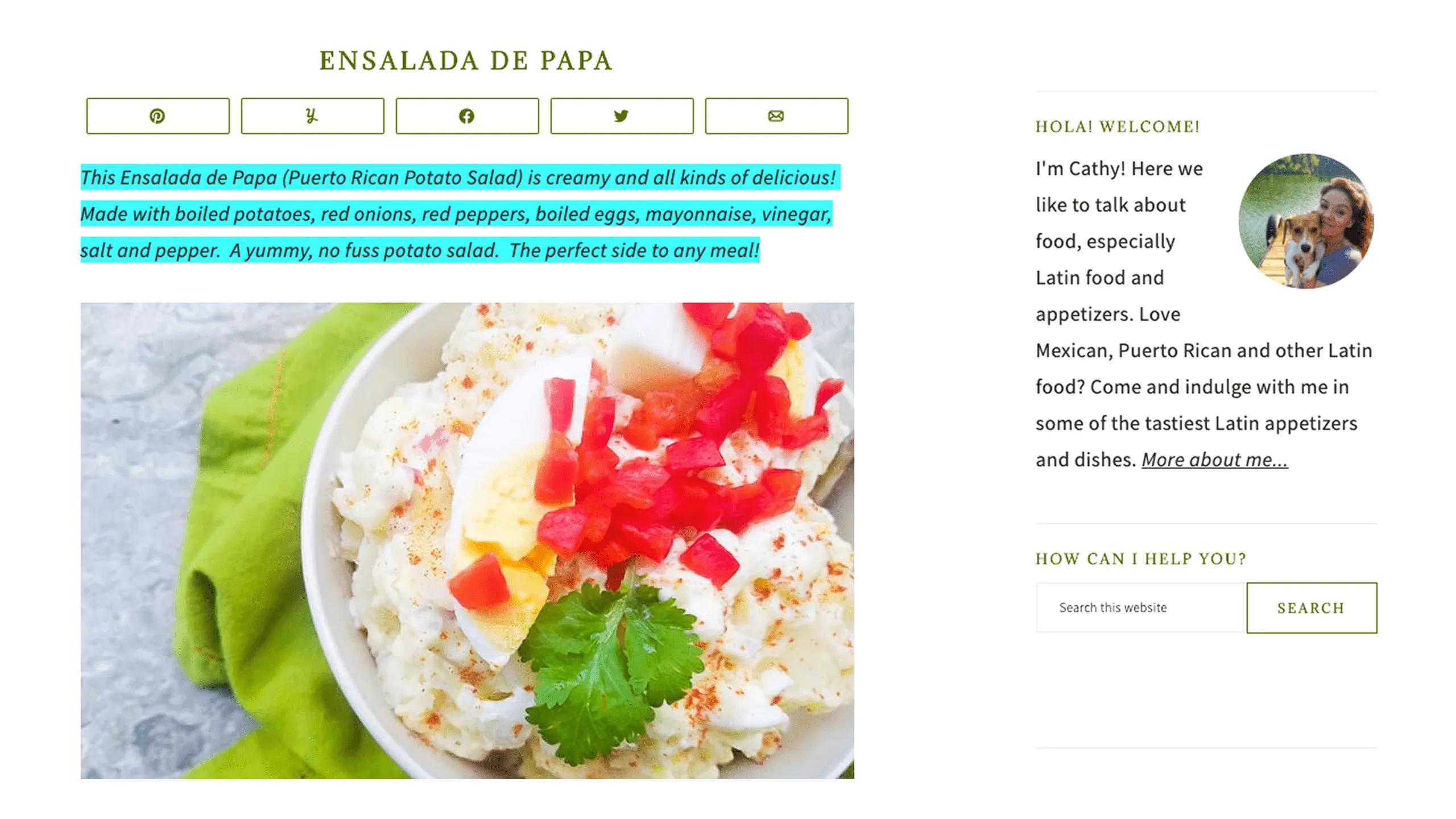 Screenshot of potato salad meal description from the internet.
