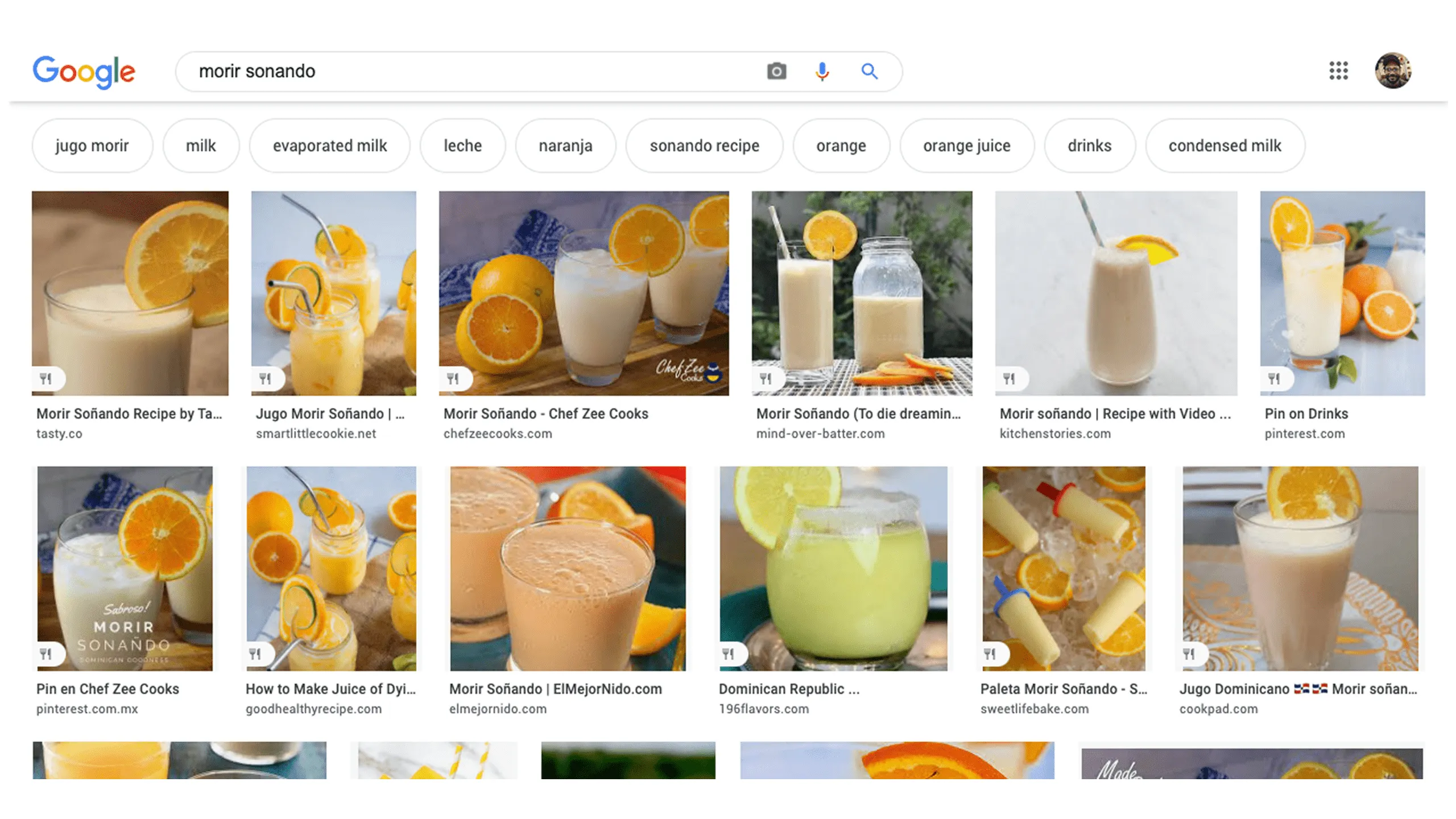 Screenshot of Google image results for morir soñando beverage from various sources.