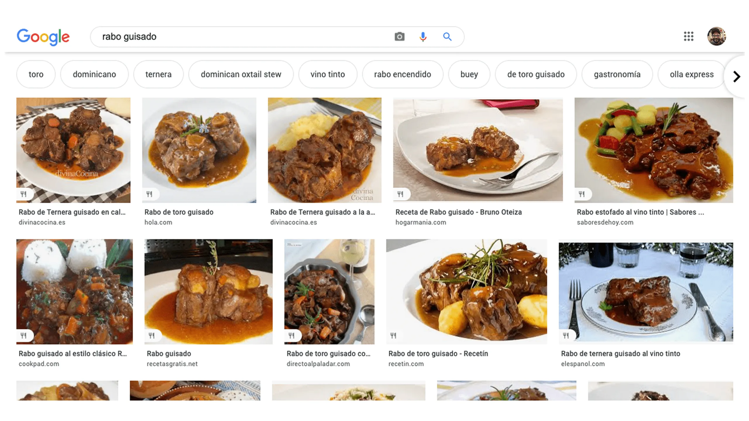 Screenshot of Google image results for beef stew from various sources.