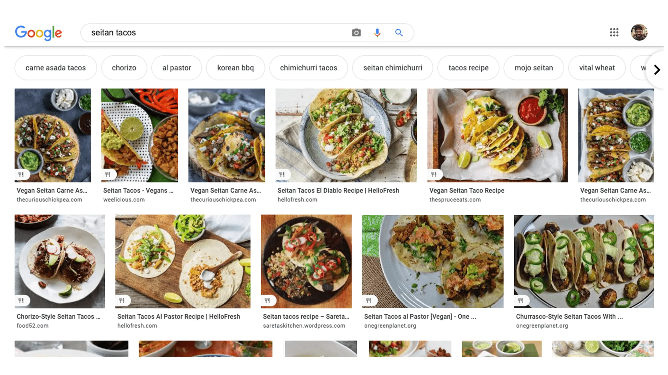 Screenshot of Google image results for seitan tacos from various sources.