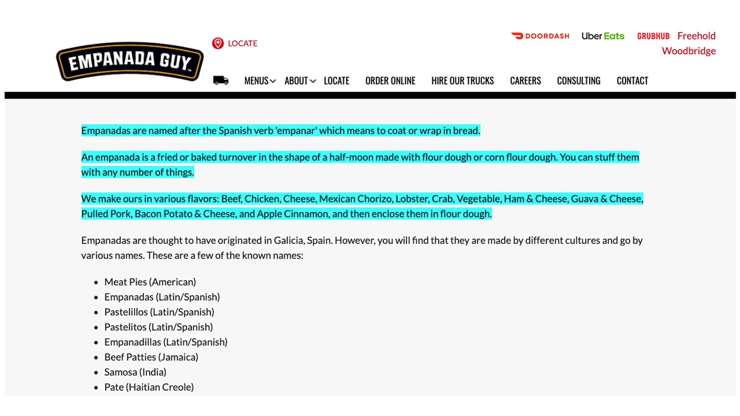 Screenshot of empanada food description from the web.