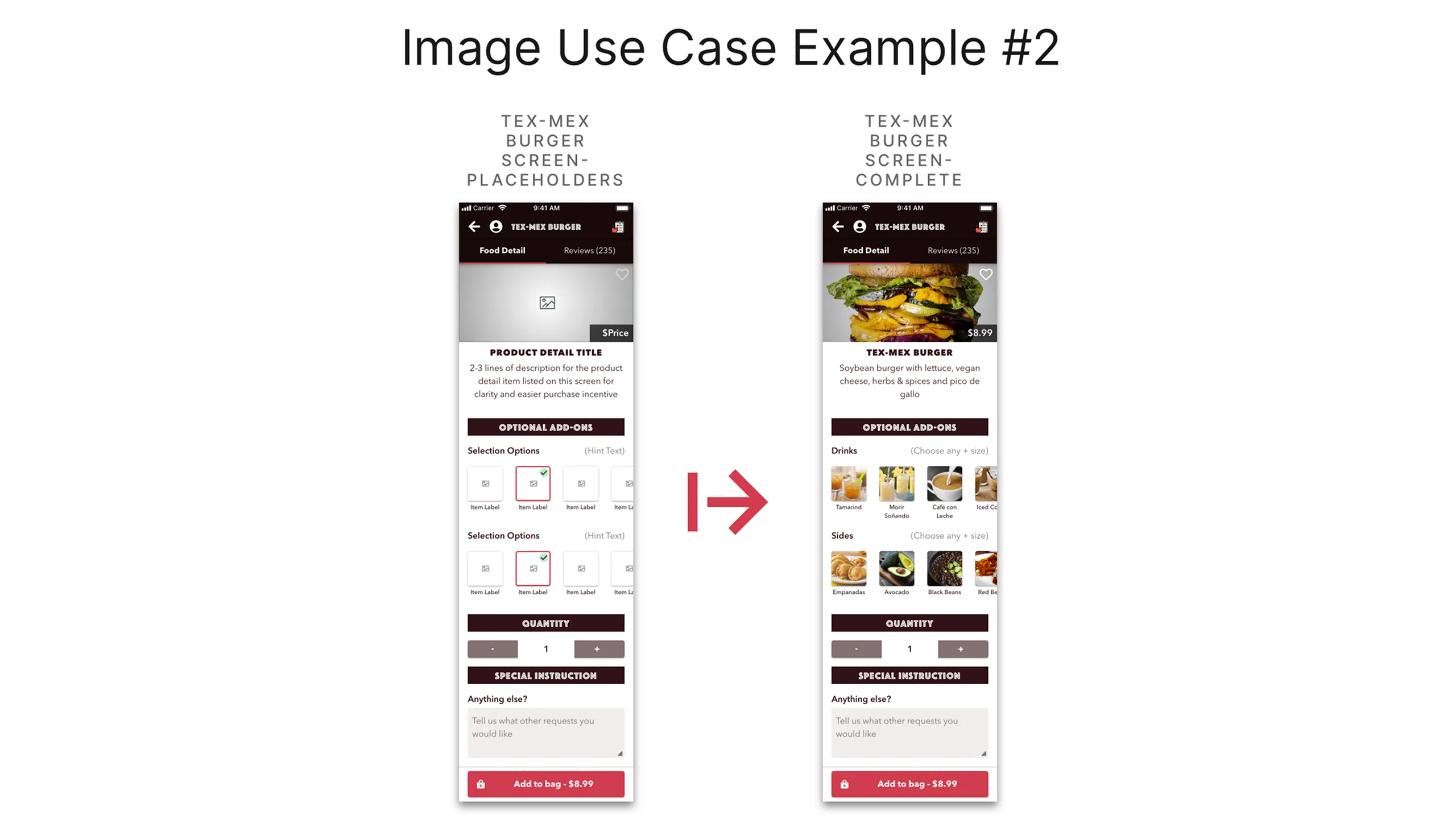 Screenshot comparing two versions of the Tex-Mex Burger screen: one with empty placeholders and one with full content and visuals.