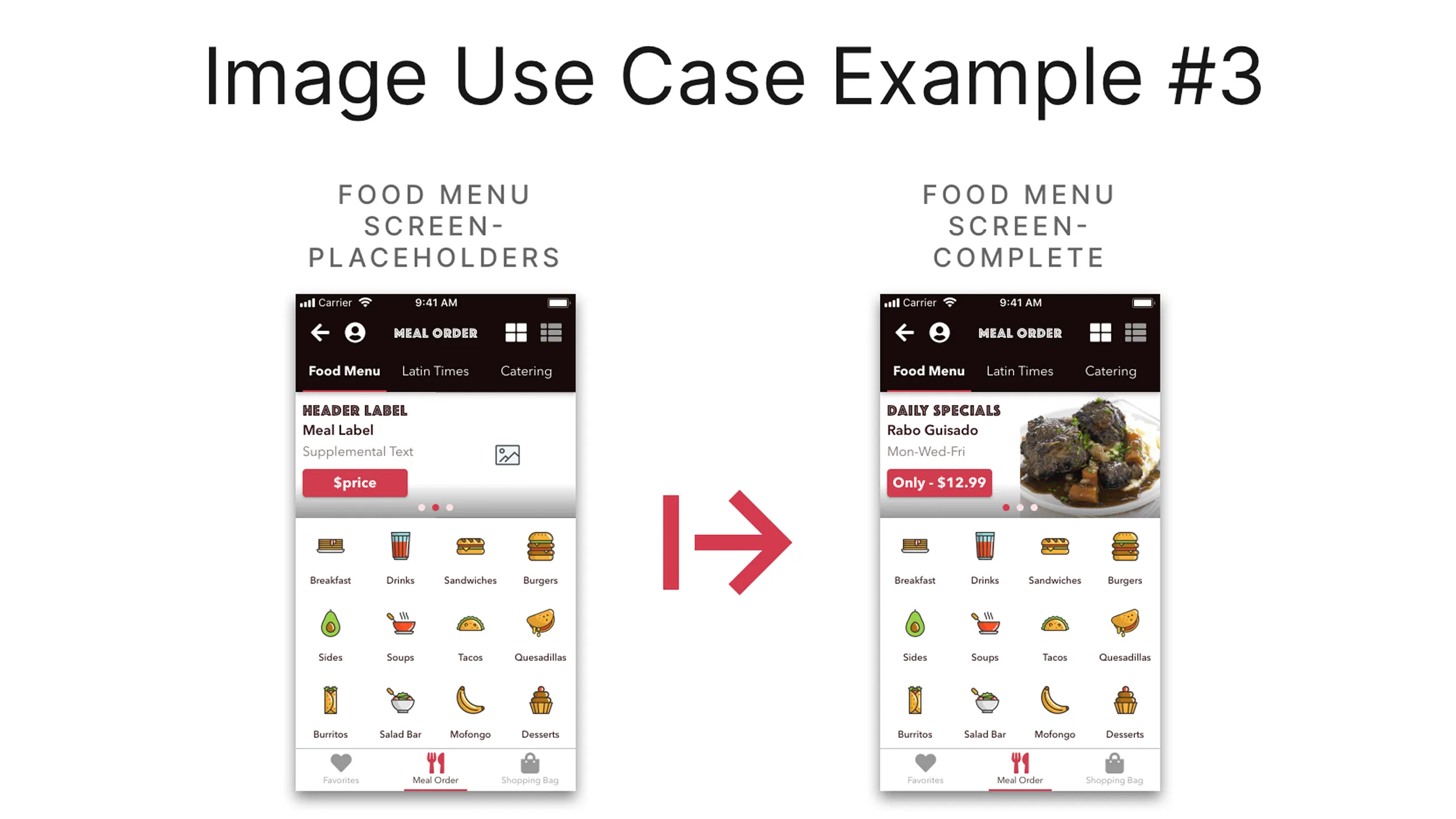 Screenshot comparing two versions of the Food Menu screen: one with empty placeholders and one with full food images, descriptions, and labels.
