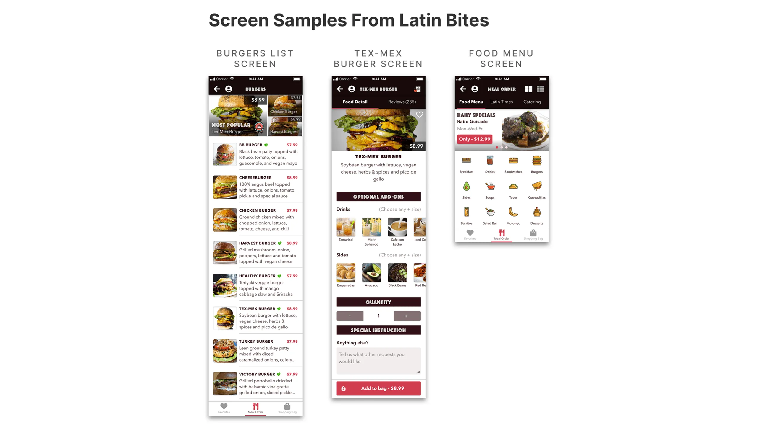 Screenshot showing three Latin Bites screens: Burgers List, Tex-Mex Burger detail, and Food Menu.
