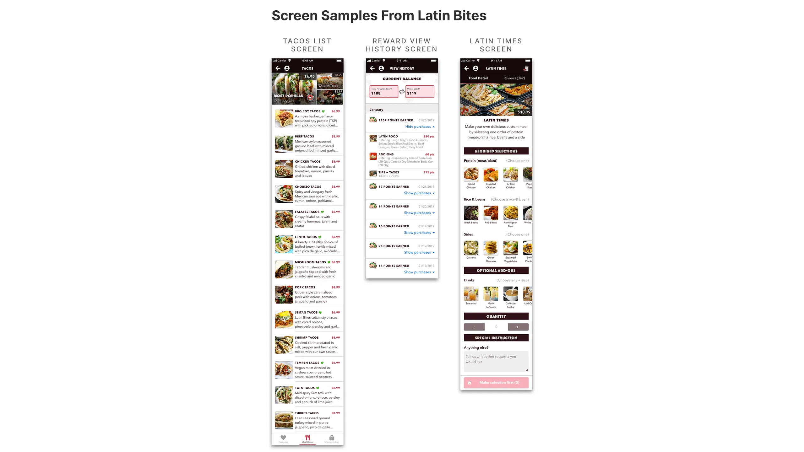 Screenshot showing three Latin Bites design screens: Tacos List, Reward View History, and Latin Times.