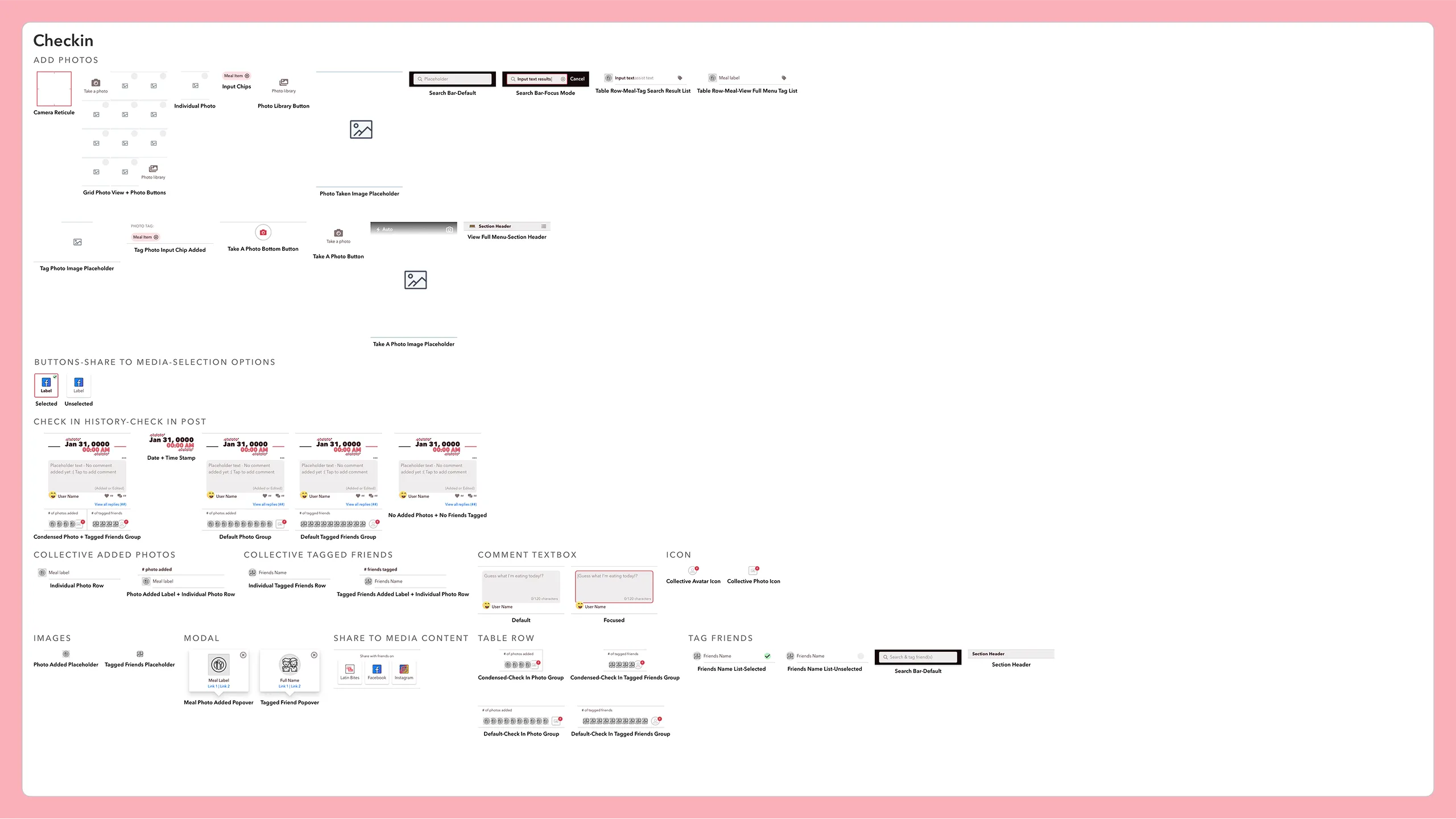Screenshot of Latin Bites design system components focused on the check-in product experience.