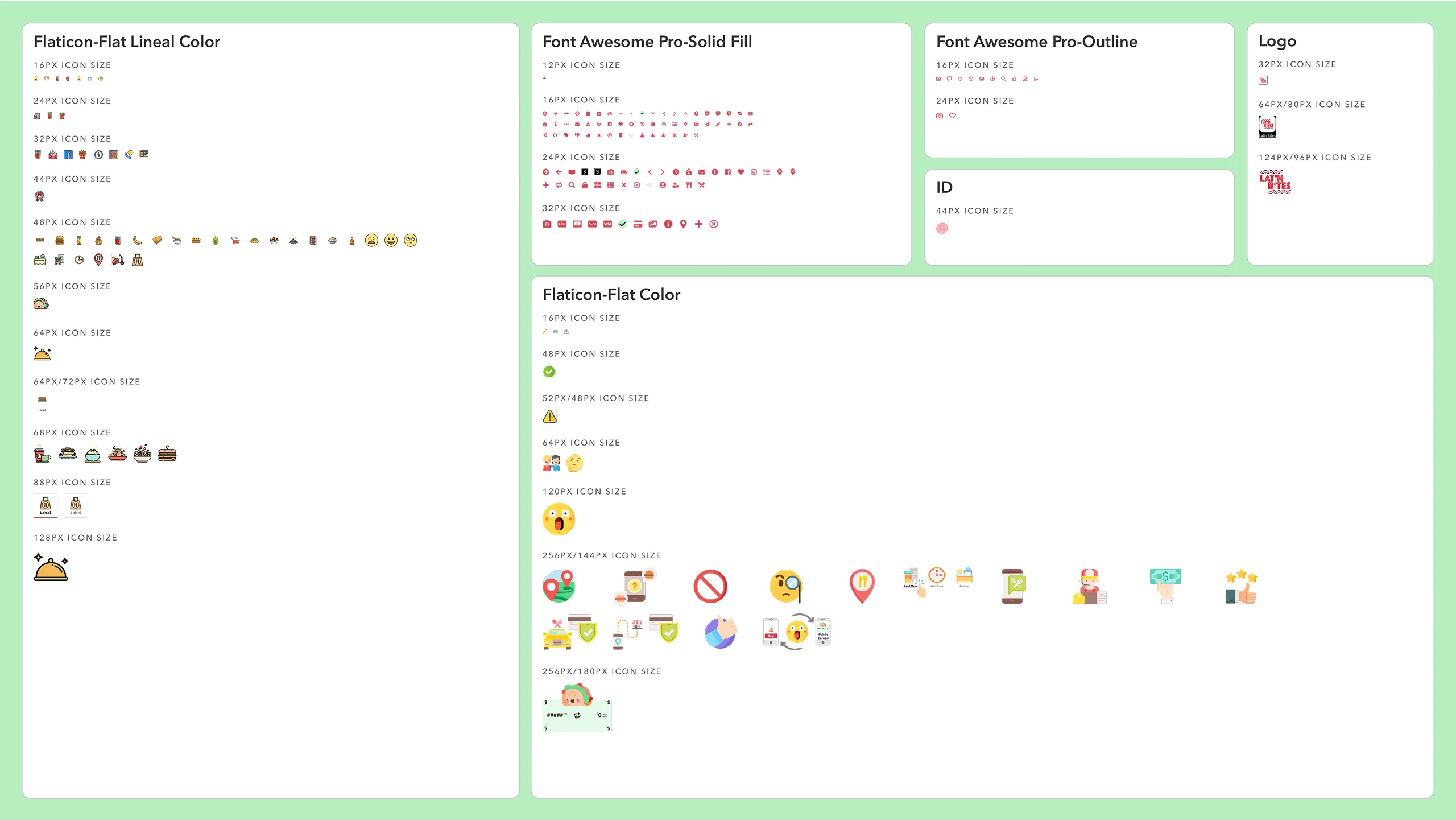 Screenshot of Latin Bites design system icons including Flaticon Flat & Lineal Color sets, Font Awesome Pro icons in solid and outline, Apple Pay thumbprint icon, and brand logo marks.
