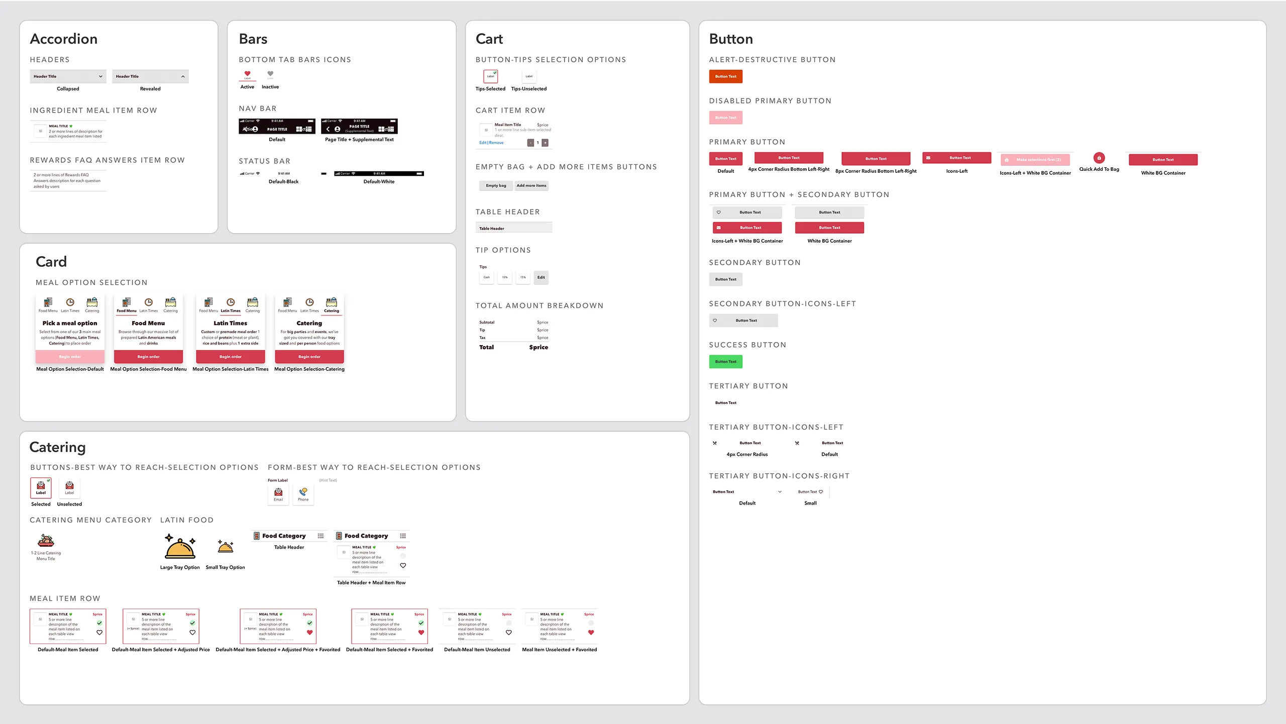 Screenshot showing Latin Bites component collection including accordions, status bars, cart UI, cards, catering module, and buttons.