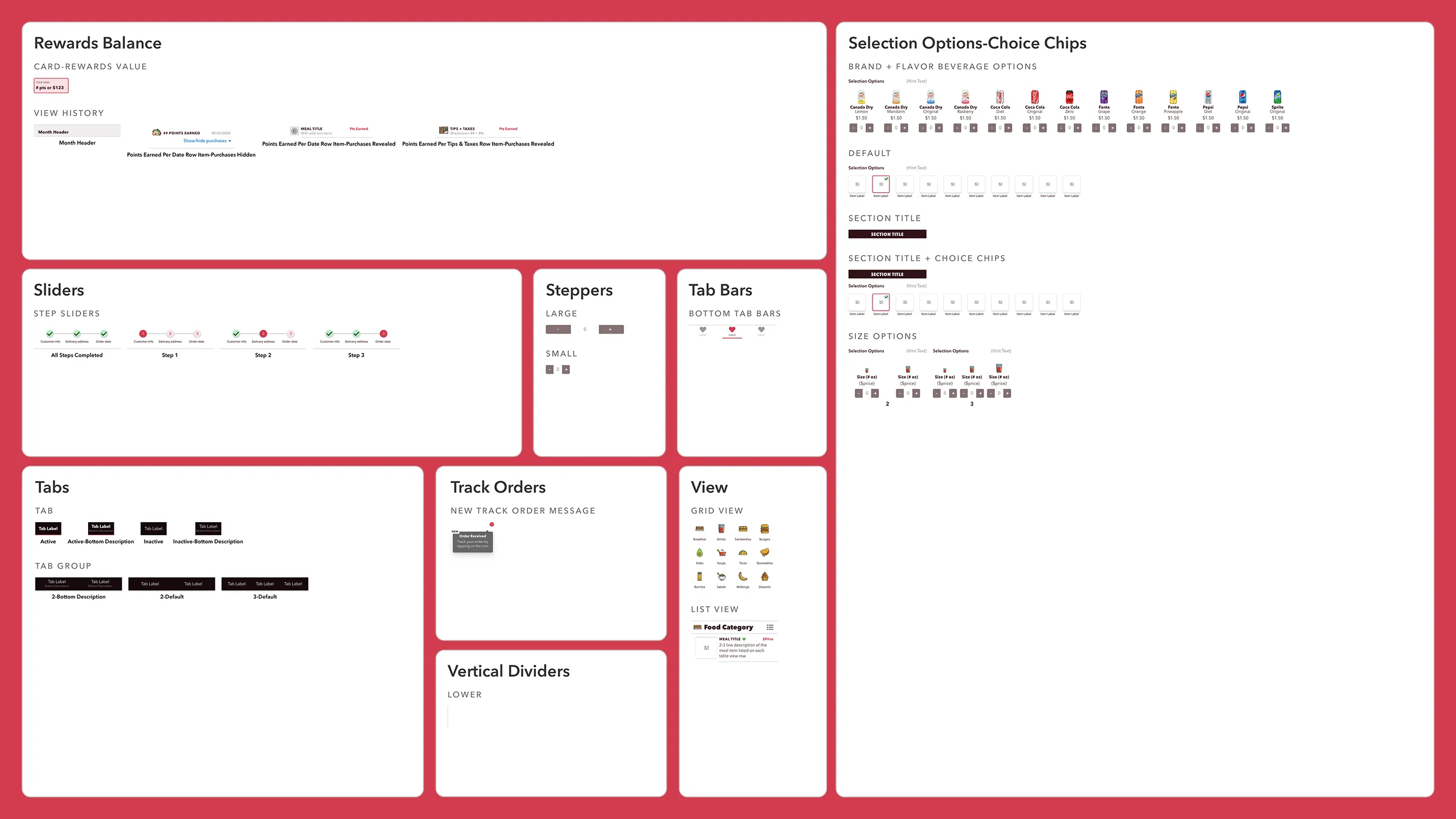Screenshot of Latin Bites reward balance interface, sliders, steppers, tab bars, tracking modules, and toggle views.