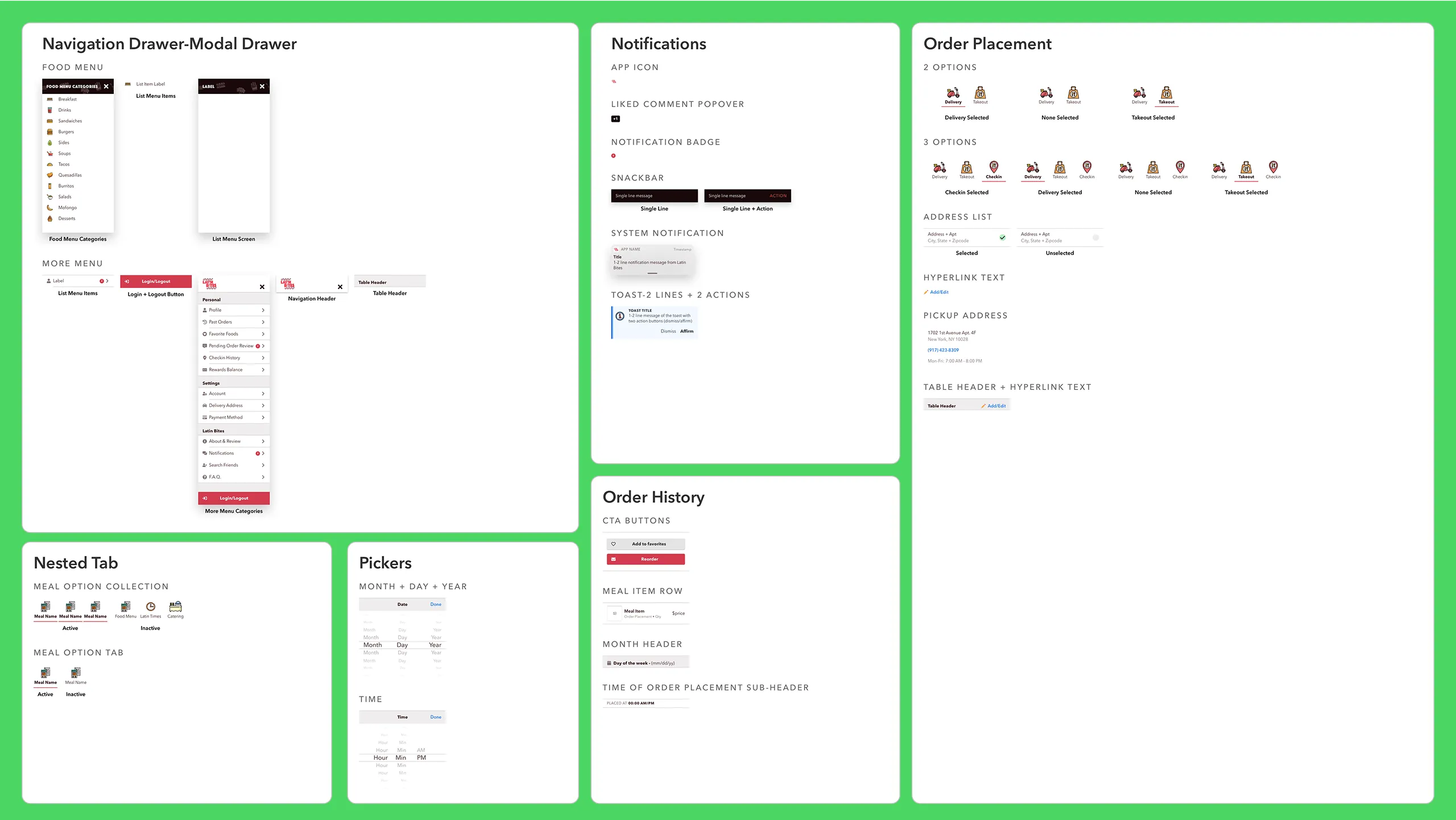 Screenshot of Latin Bites navigation drawer, notifications, nested tabs, picker controls, order history, and order placement UI modules.