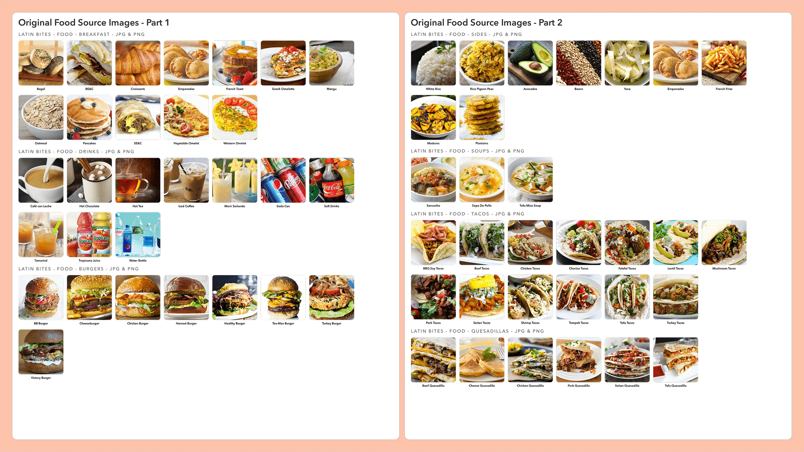 Screenshot showing Latin Bites food images collection from the main food menu.