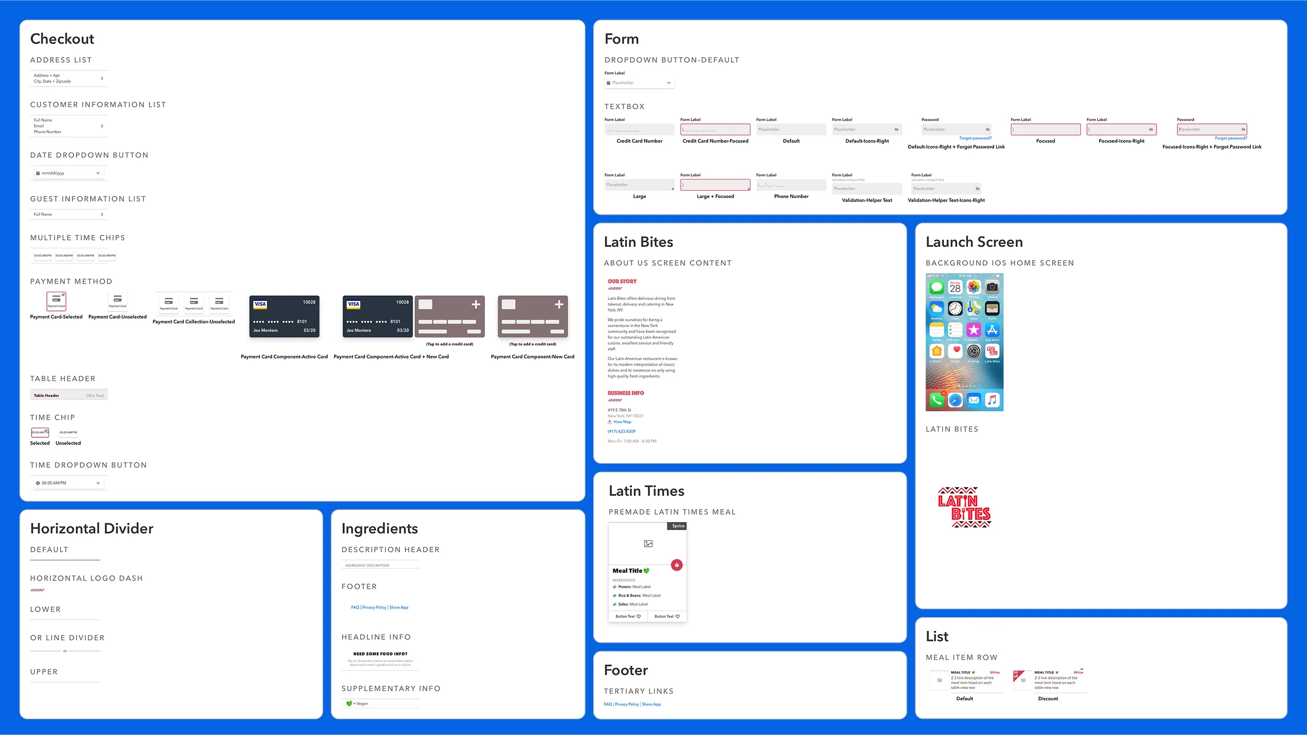 Screenshot of Latin Bites design system components including checkout flow, form controls, Latin Times module, footer, and product list items.
