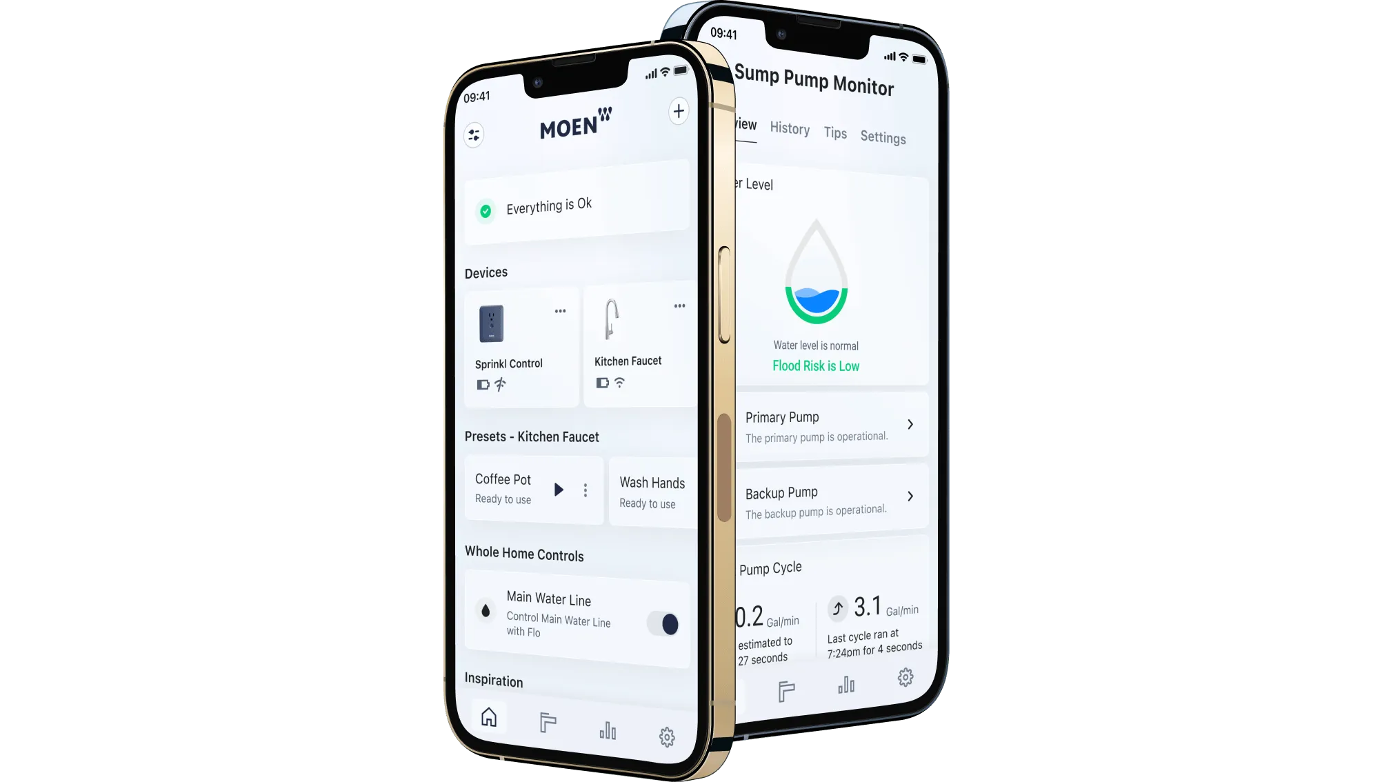 Hero image for the Moen case study card, featuring the app's home screen and sump pump monitor interface from the redesigned smart irrigation ap