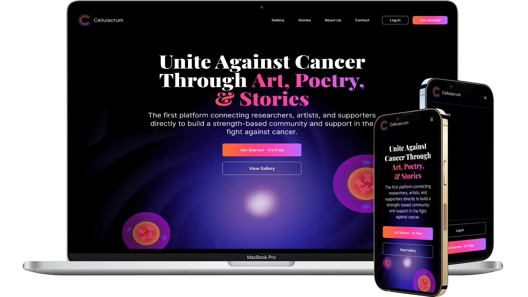 Screenshot showing both desktop and mobile views of the Cellulacrum platform, which connects researchers, artists, and supporters to build a strength-based community against cancer