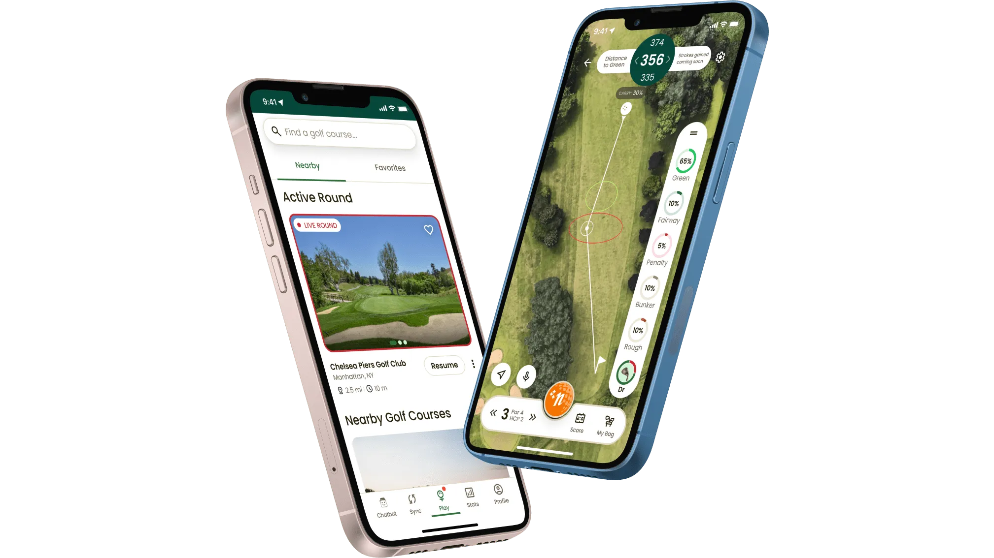 Hero image for the Noonan case study, showing two device mockups featuring the app's golf course search screen and in-game play screen