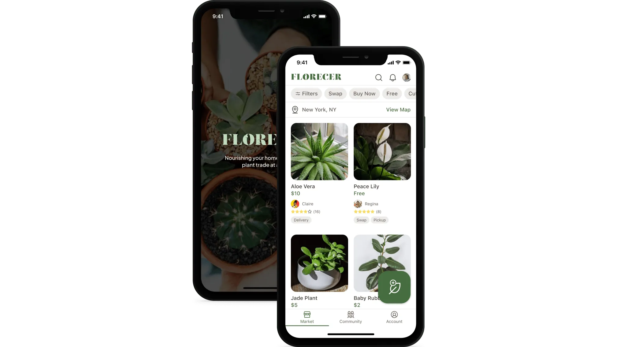 Two iPhone X mockups showing the Florecer app's splash screen and a plant trade marketplace listing.