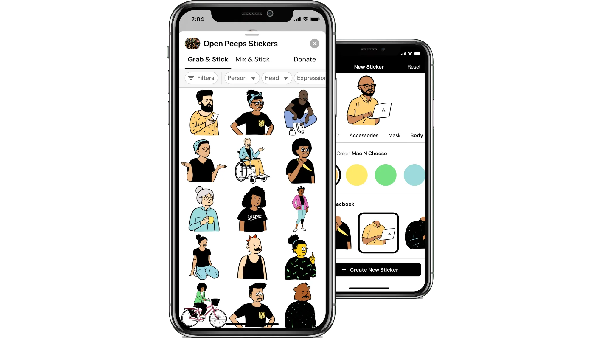 Two iPhone X mockups showing the Open Peeps Stickers collection tab and a custom sticker creation screen.