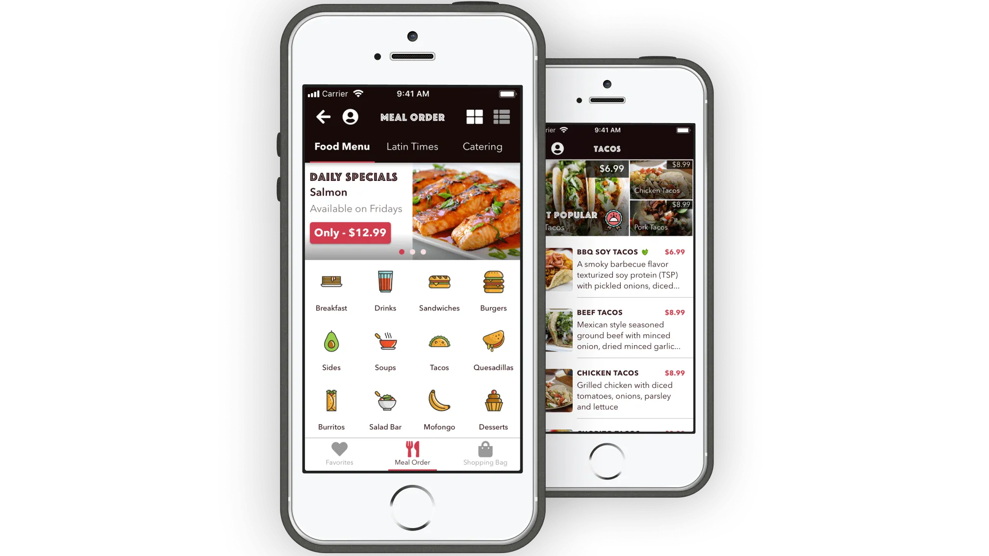 Two iPhone 5s mockups showing the Latin Bites food menu tab and a tacos product listing page.