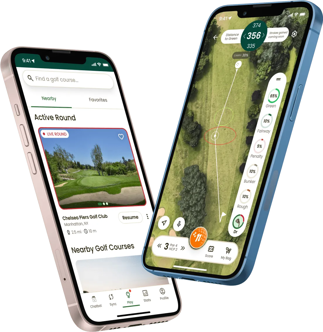 Hero image for the Noonan case study, showing two device mockups featuring the app's golf course search screen and in-game play screen