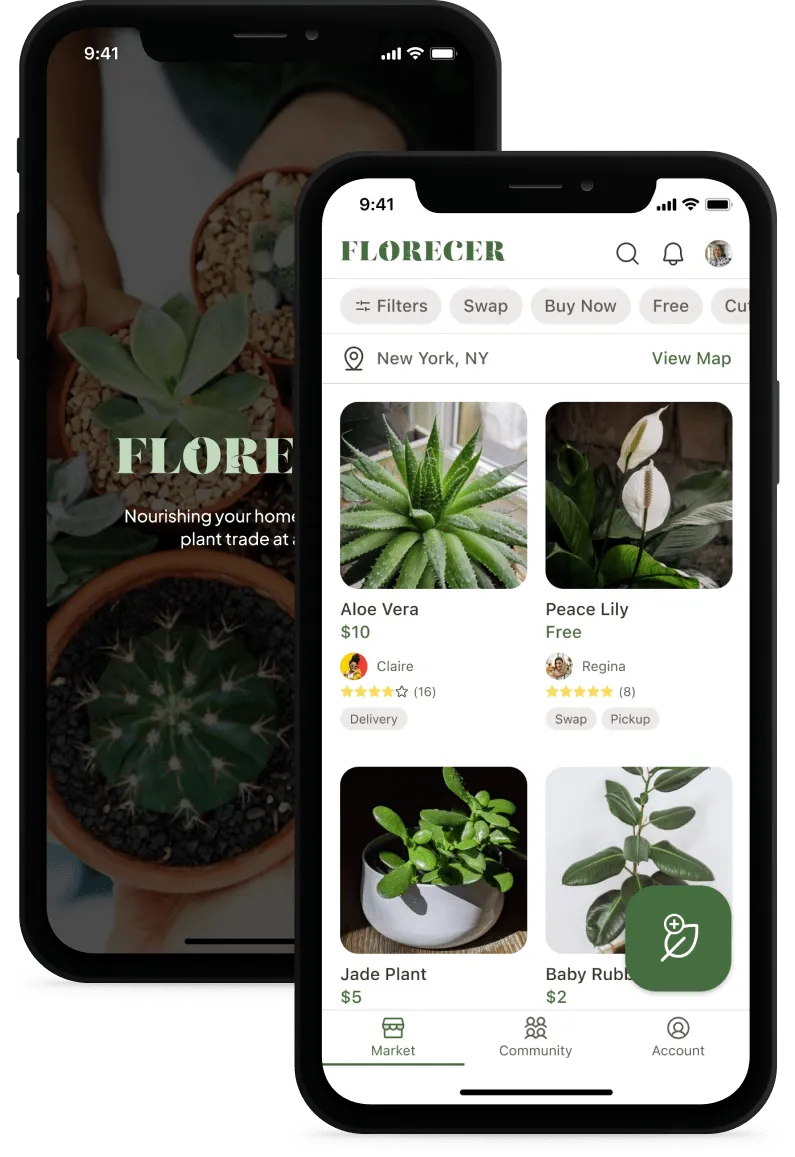 Two iPhone X mockups showing the Florecer app's splash screen and a plant trade marketplace listing.
