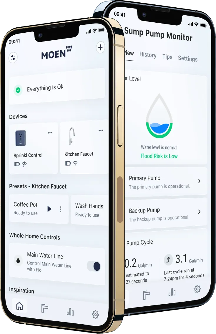 Hero image for the Moen case study card, featuring the app's home screen and sump pump monitor interface from the redesigned smart irrigation ap