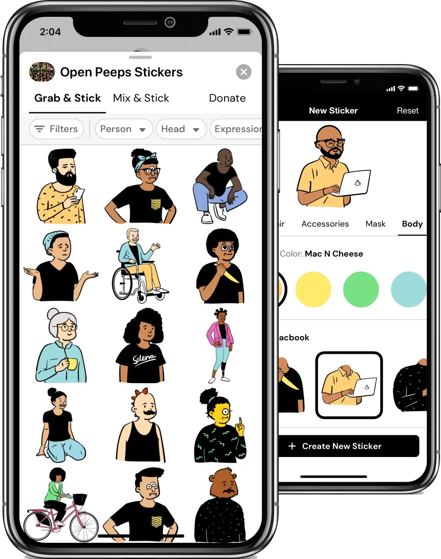 Two iPhone X mockups showing the Open Peeps Stickers collection tab and a custom sticker creation screen.