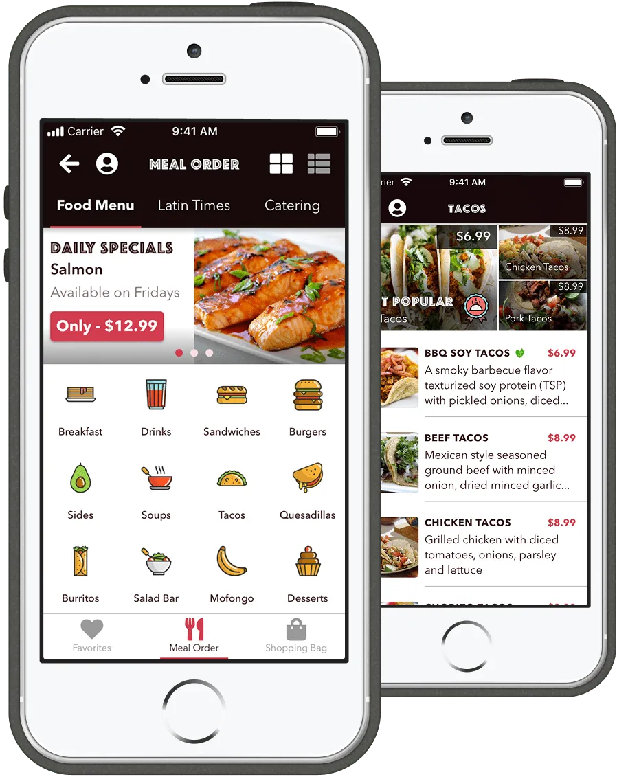 Two iPhone 5s mockups showing the Latin Bites food menu tab and a tacos product listing page.