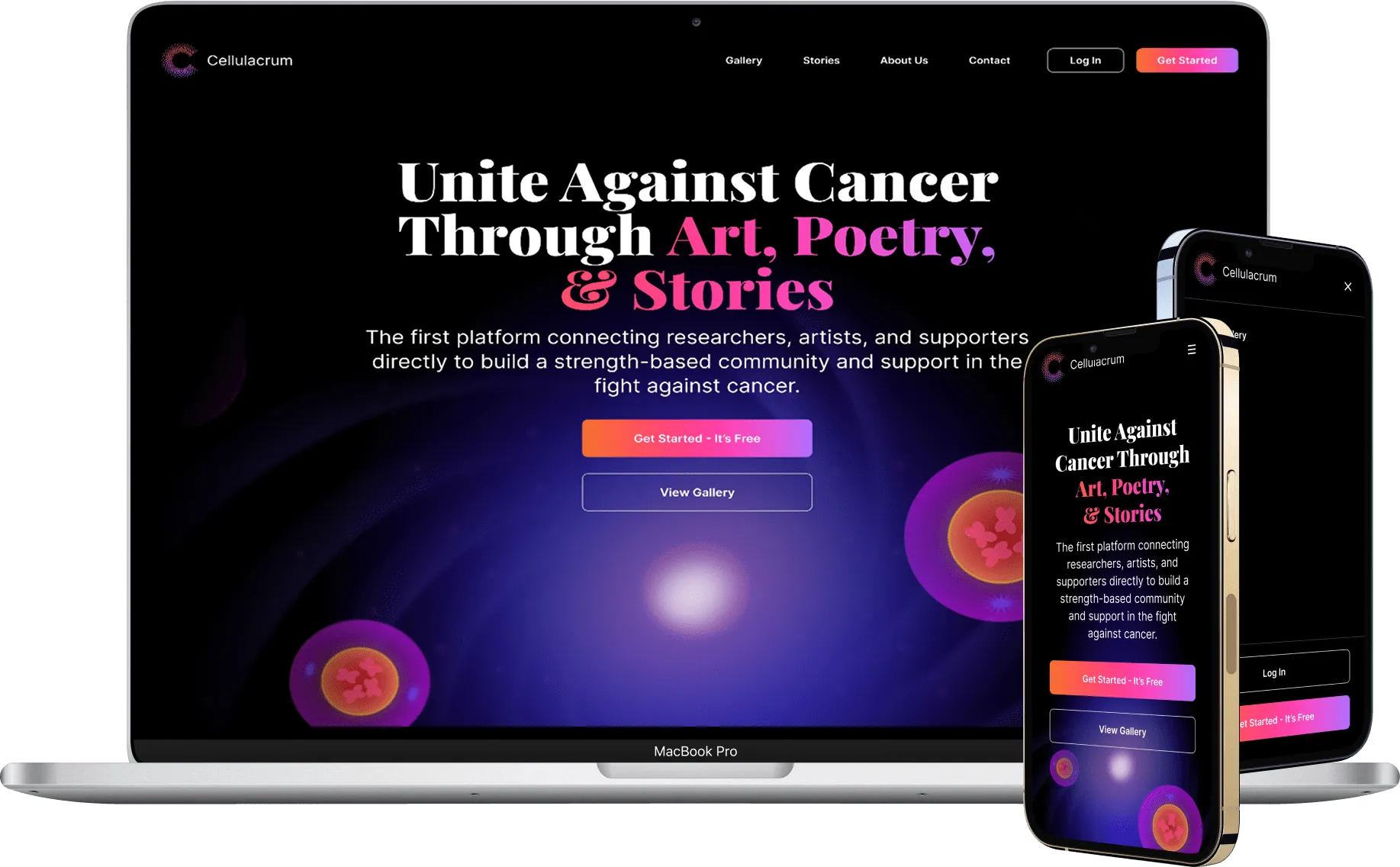 Screenshot showing both desktop and mobile views of the Cellulacrum platform, which connects researchers, artists, and supporters to build a strength-based community against cancer