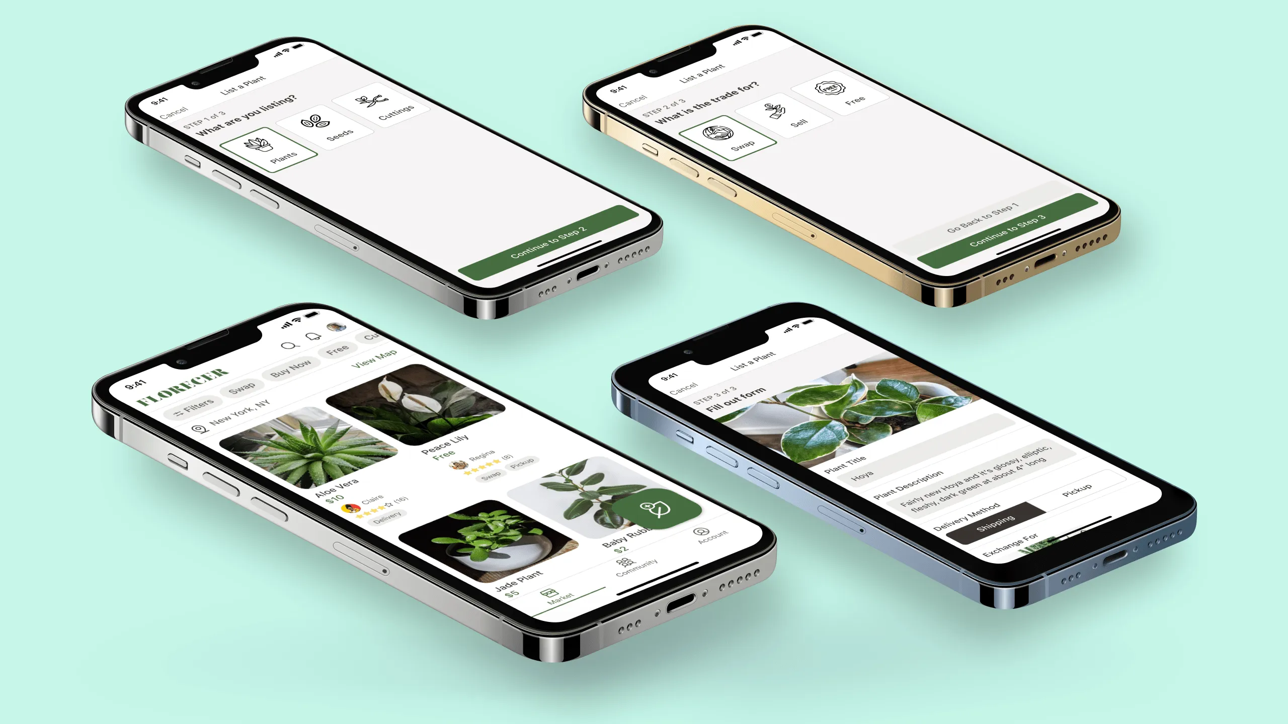 Four angled hi-fidelity mockups of the Florecer app displayed across different devices in a clean, layout-style presentation.