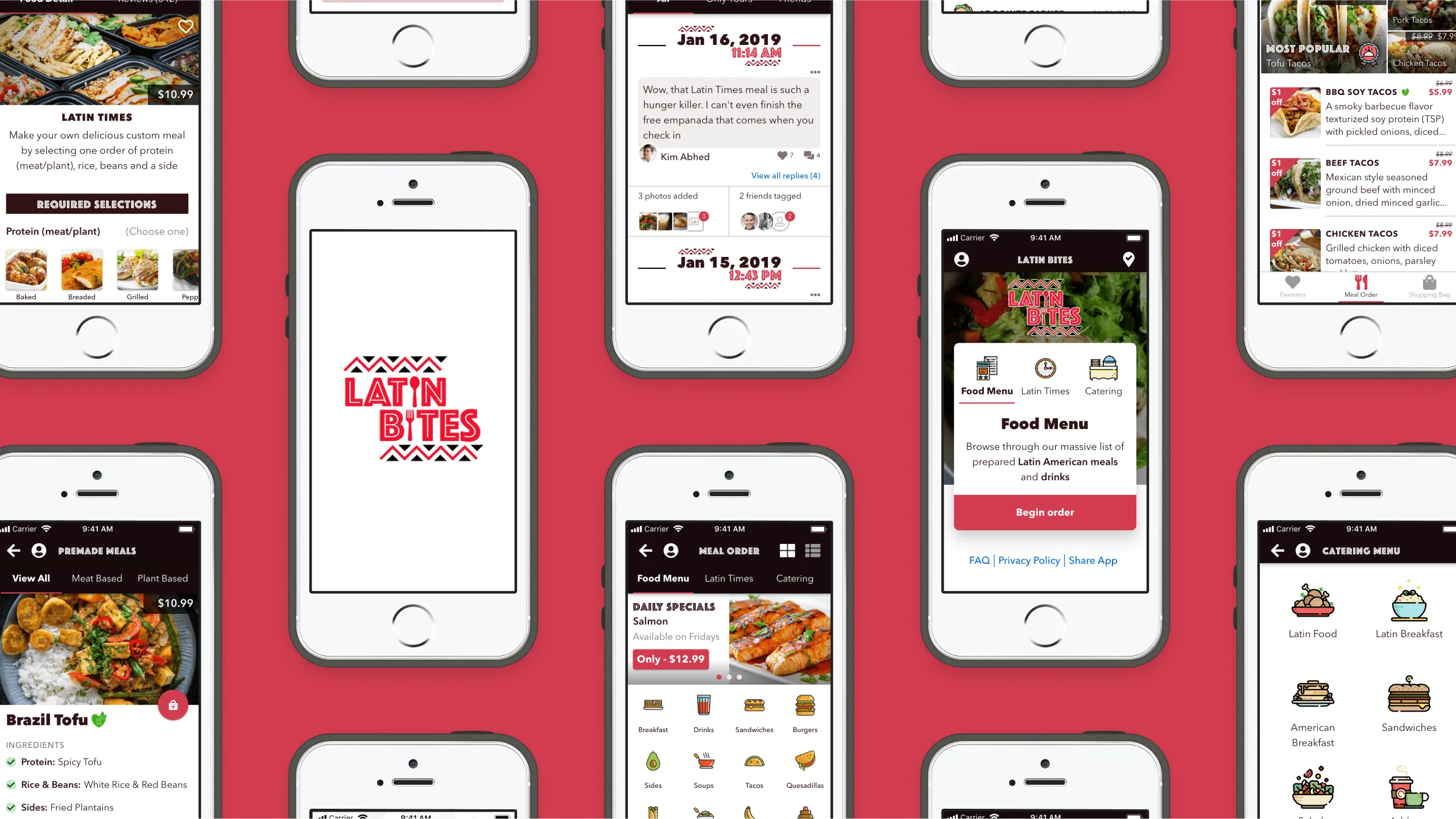 Mockup showing vertically stacked high-fidelity Latin Bites screens to highlight the visual style.