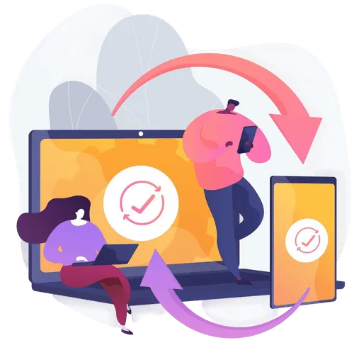 arrow pointing to cellphone from laptop, and arrow from laptop to cellphone