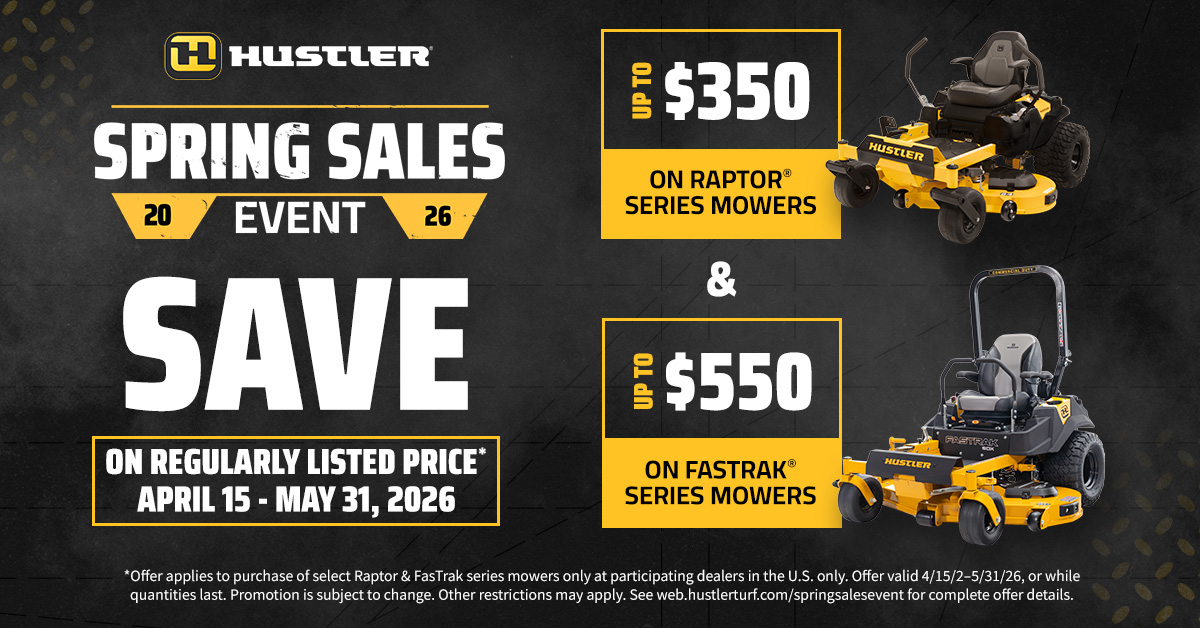 promotional image including yellow zero-turn mowers