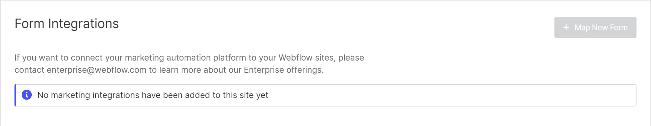 Webflow: раздел “Settings”, вкладка Заявки (Forms), секция Внешние интеграции (Form Integrations)