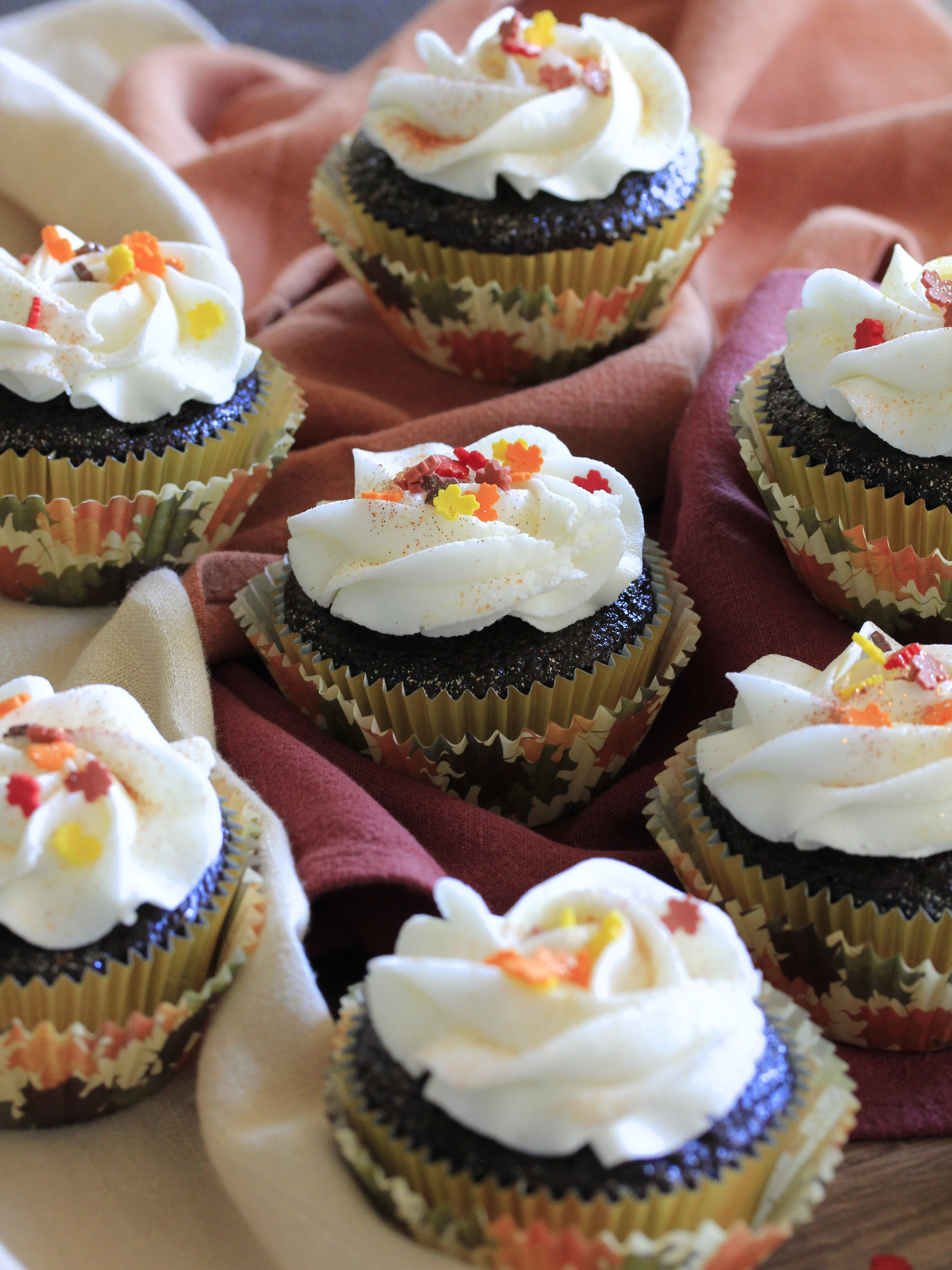 Fall cupcakes for your next Autumn event. Customize your cupcakes with decorative liners and sprinkles.