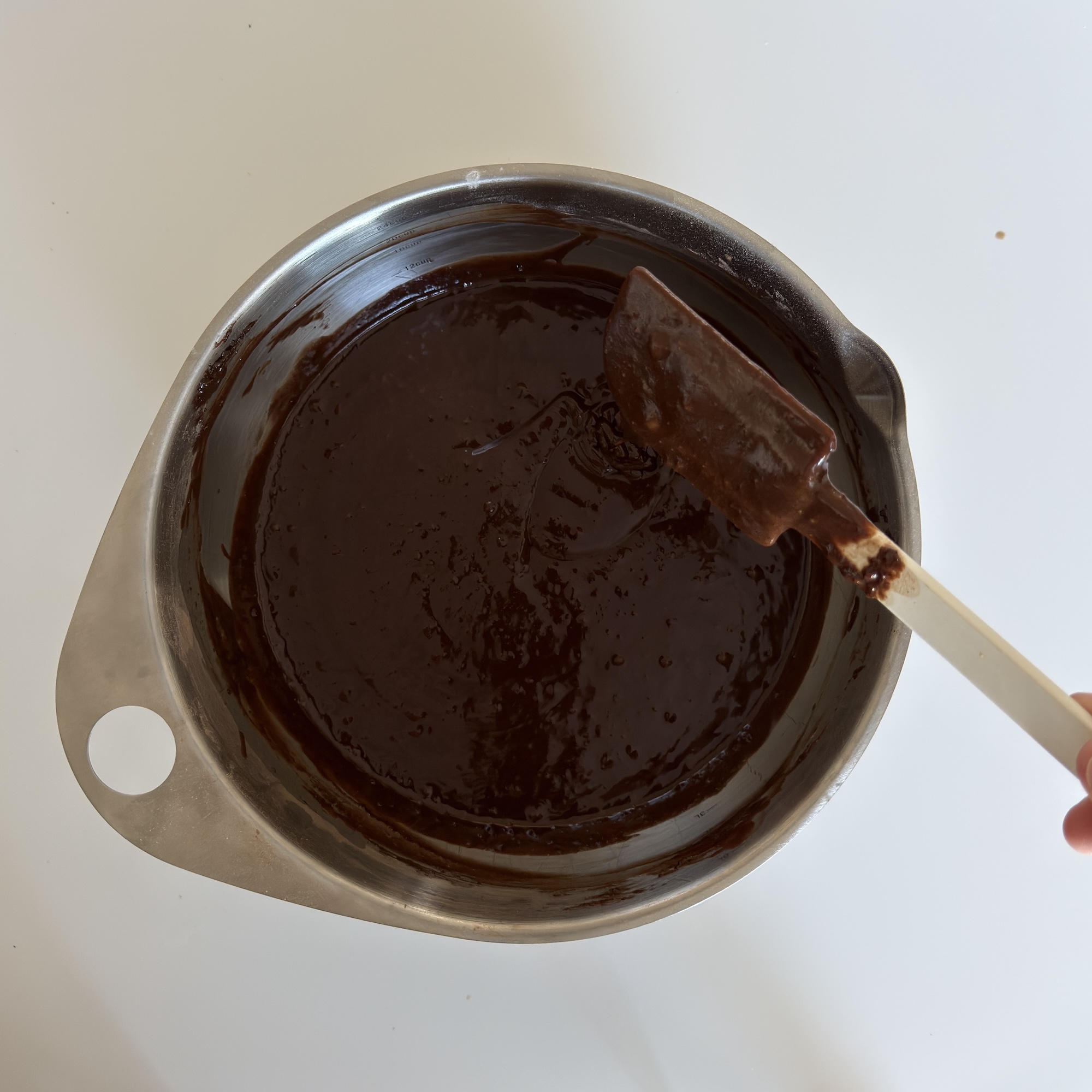 Chocolate cake batter is dark and rich and ready to go!