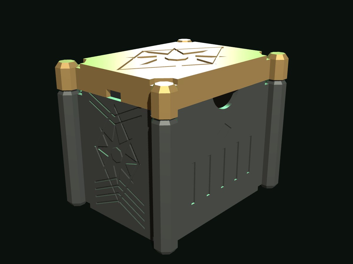 Sigil Vault deck box closed, copper lid on a dark gunmetal body with engraved sigil artwork