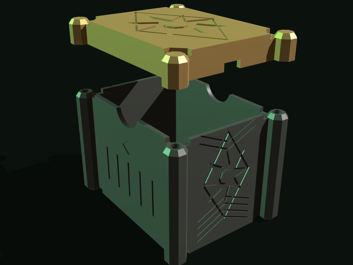 Sigil Vault with the lid lifted, showing the magnet pockets in the four corner posts