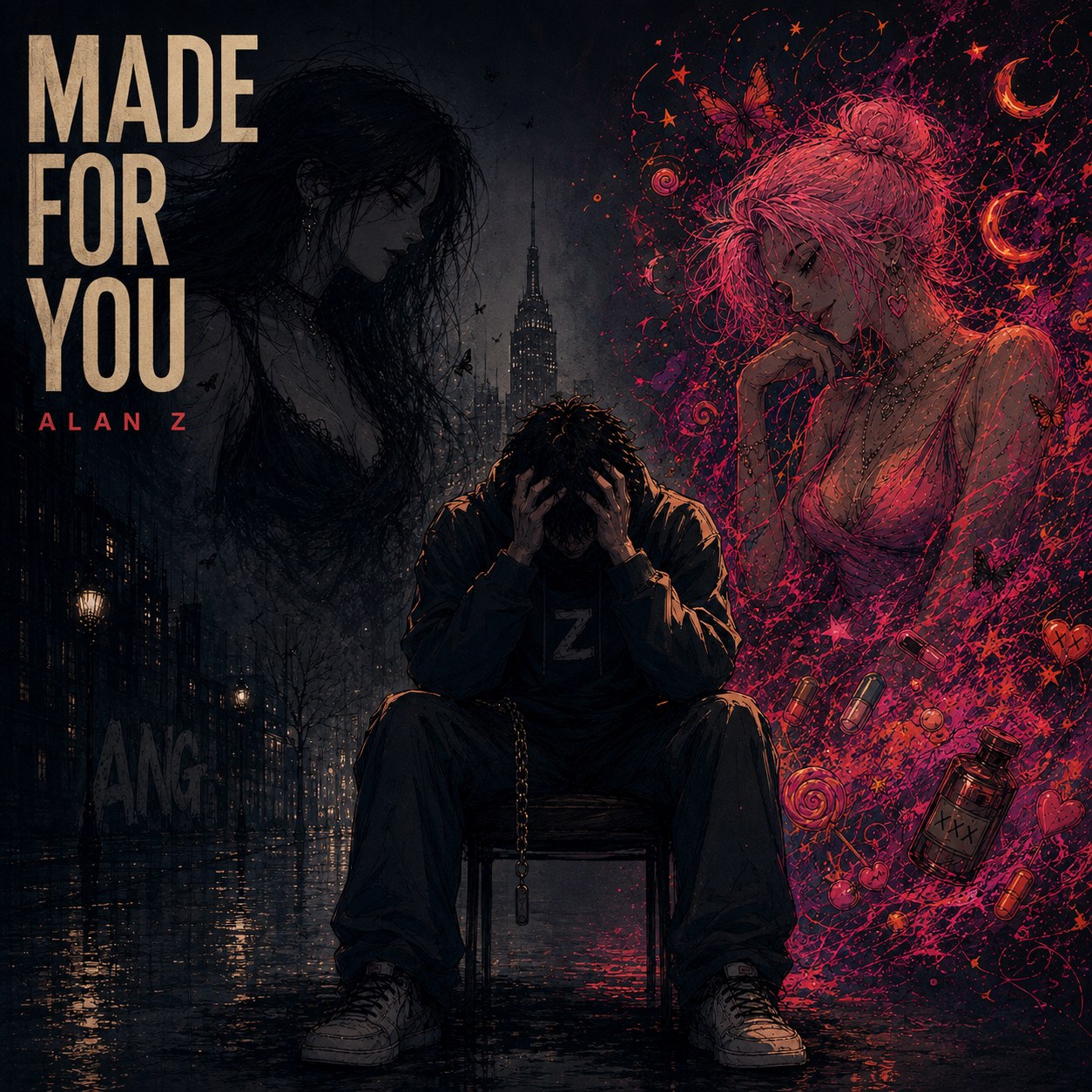 Alan Z, Made For You cover art: a hooded figure seated with head in hands between a dark-haired woman in monochrome and a pink-haired woman in red