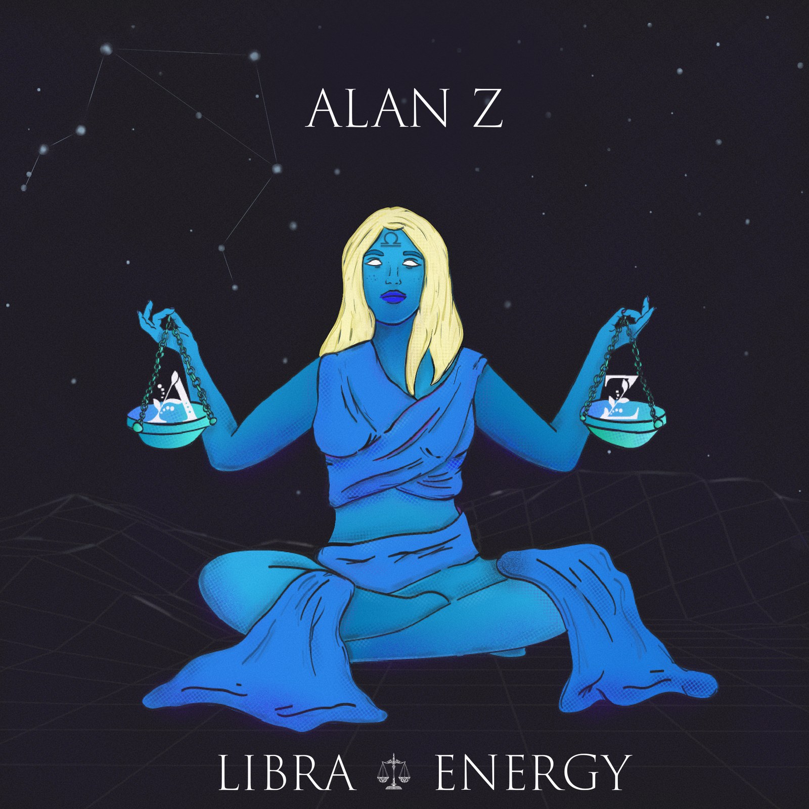 Alan Z, Libra Energy cover art: a blue seated figure holding a pair of scales under the Libra constellation