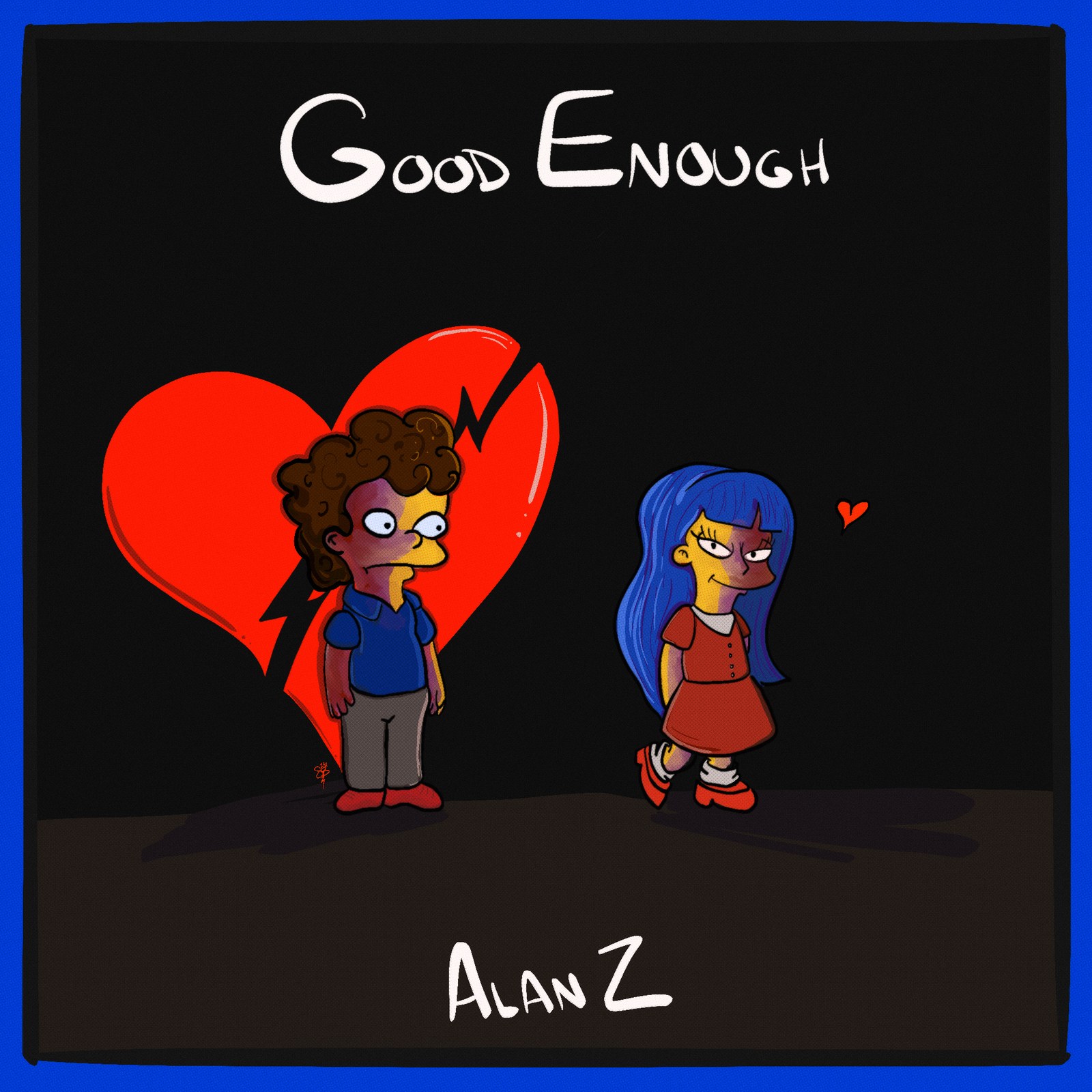 Alan Z, Good Enough cover art: a cartoon boy in front of a broken heart as a girl with blue hair walks away