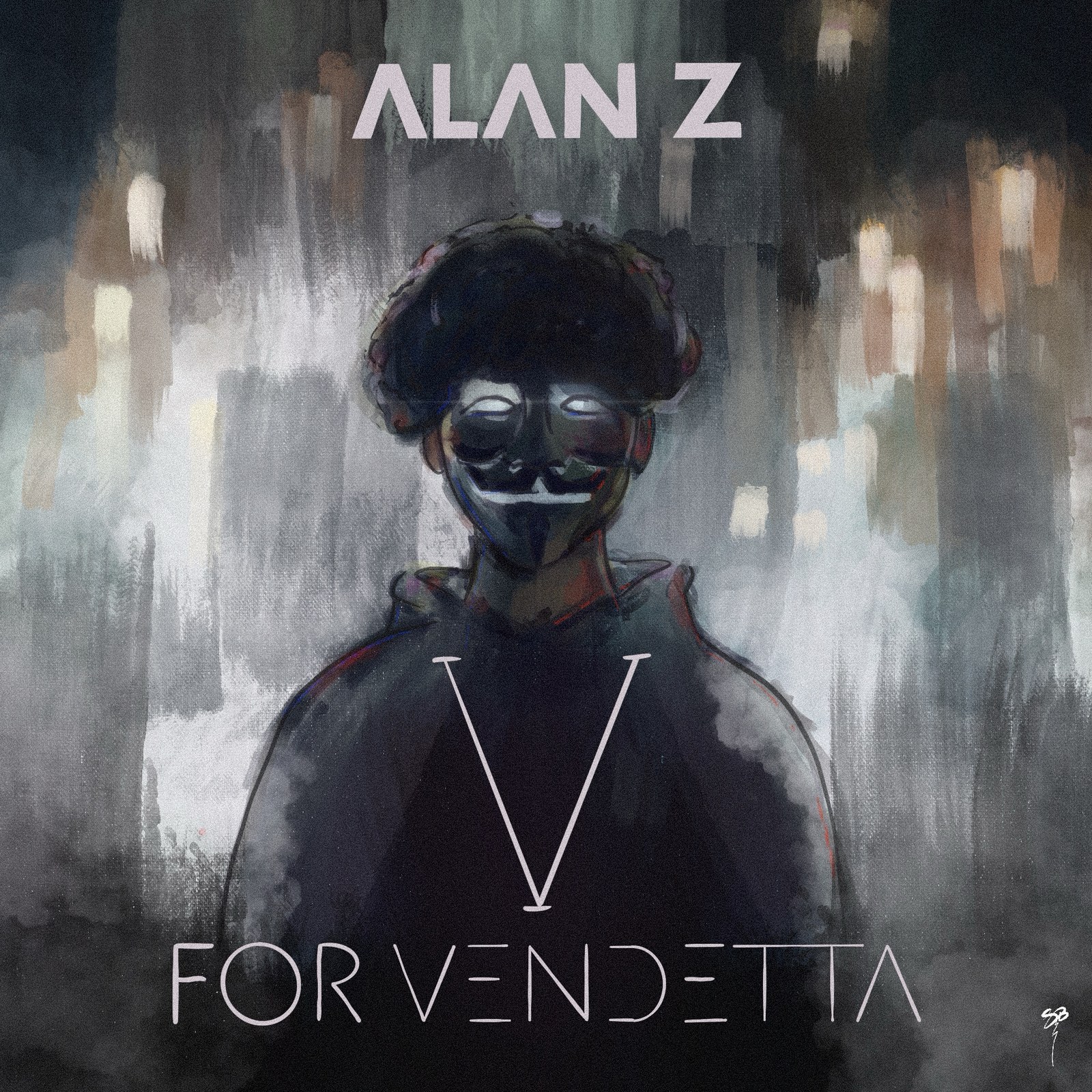 Alan Z, V for Vendetta cover art: a painted masked figure with glowing eyes against blurred city lights