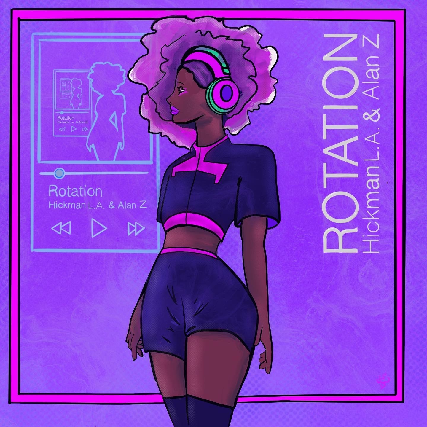 Hickman L.A. and Alan Z, Rotation cover art: an illustrated woman in headphones in front of a music player, in purple and magenta